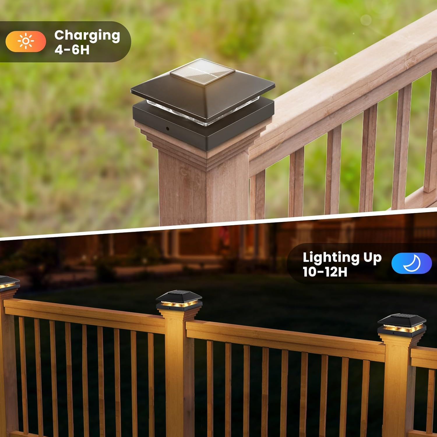 Solar Post Cap Lights Outdoor 8Pack, Black Waterproof Solar Powered Deck Fence Post Lights Fit 4X4 Wood/Vinyl Posts, Bright Warm White Solar Post Lights Decorate Deck, Patio, Porch, Fence image number 5