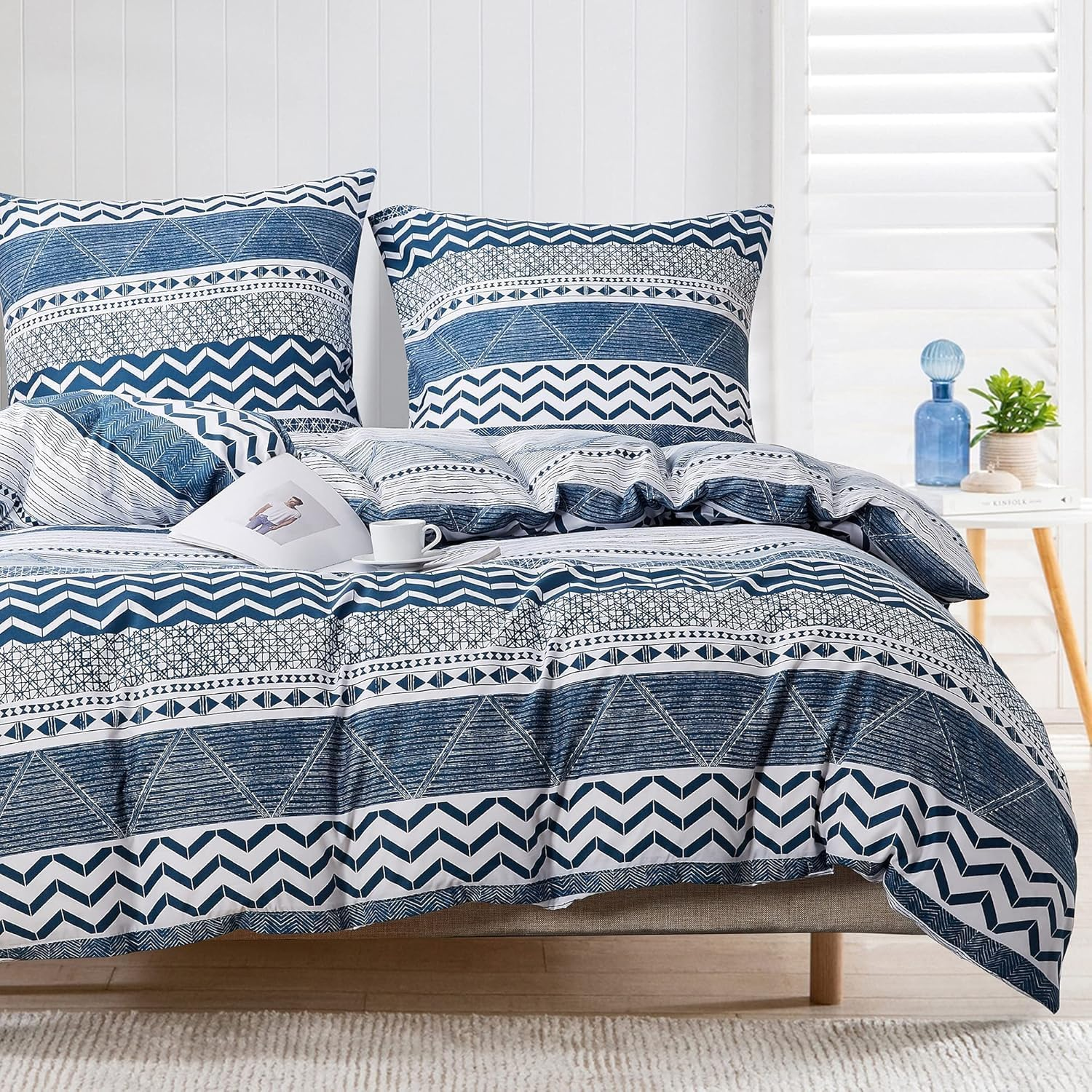 New Soft Doona Duvet Quilt Cover Set - 6 Sizes - Press Studs Closure (King, Blue Waves)