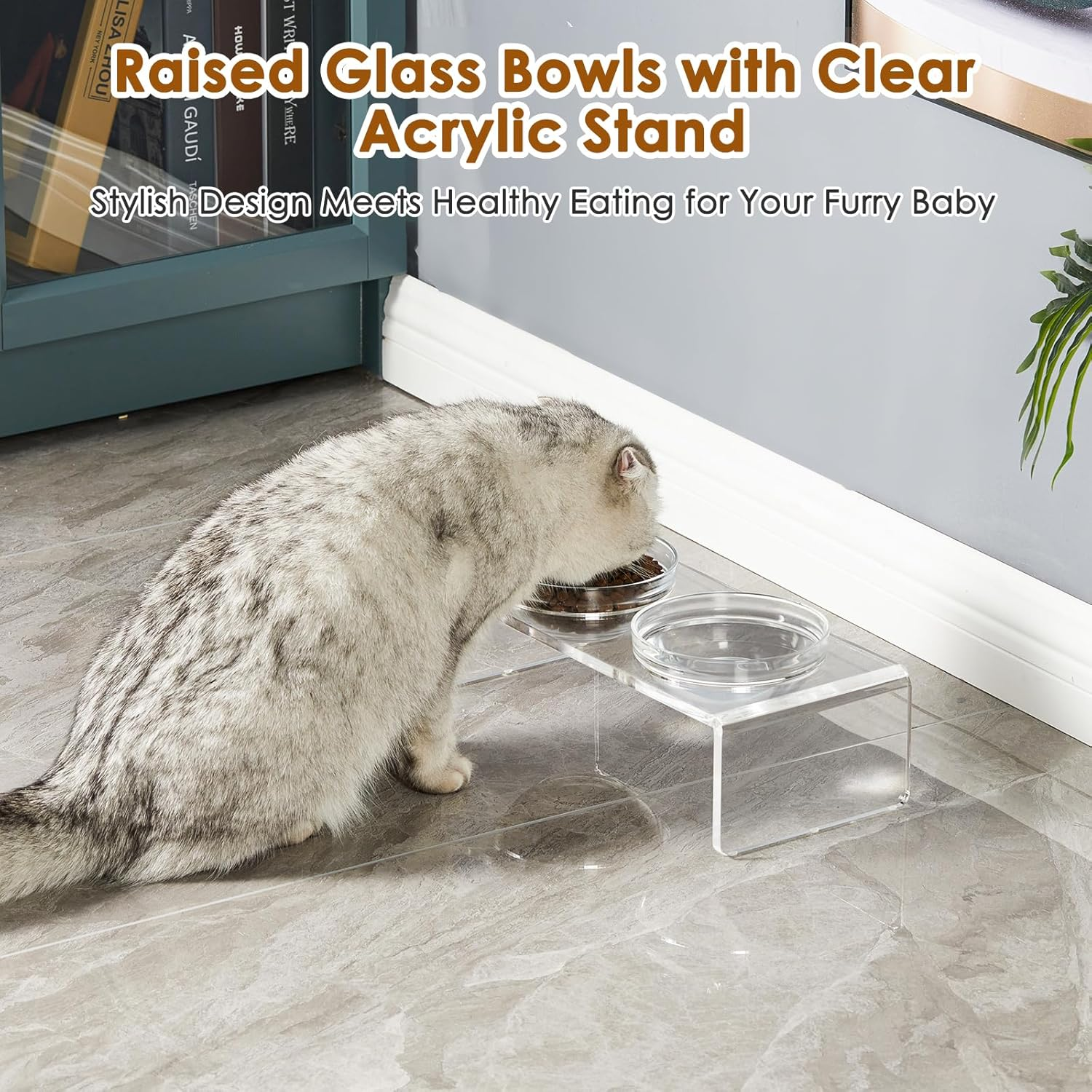 Acrylic Elevated Dog Cat Bowls Pet Feeder Double Bowl Raised Stand Comes with 2 Removable Glass Bowls and 2 Stainless Steel Bowls.Perfect for Cats Puppies Small Dogs image number 2