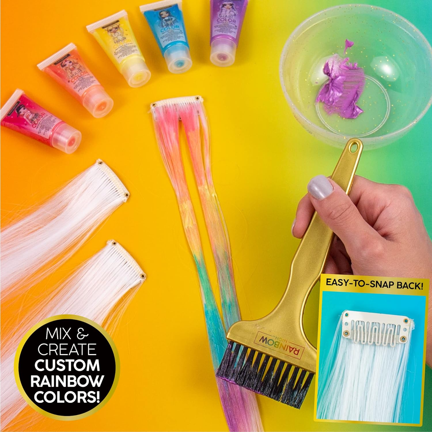 Rainbow High Rainbow Hair Stylist by Horizon Group USA, Includes 5 Vibrant Hair Coloring Gels, 3 Clip-In Extensions for Less-Mess, Mixing Bowl & Brush, Temporary Hair Coloring for Kids, Multi