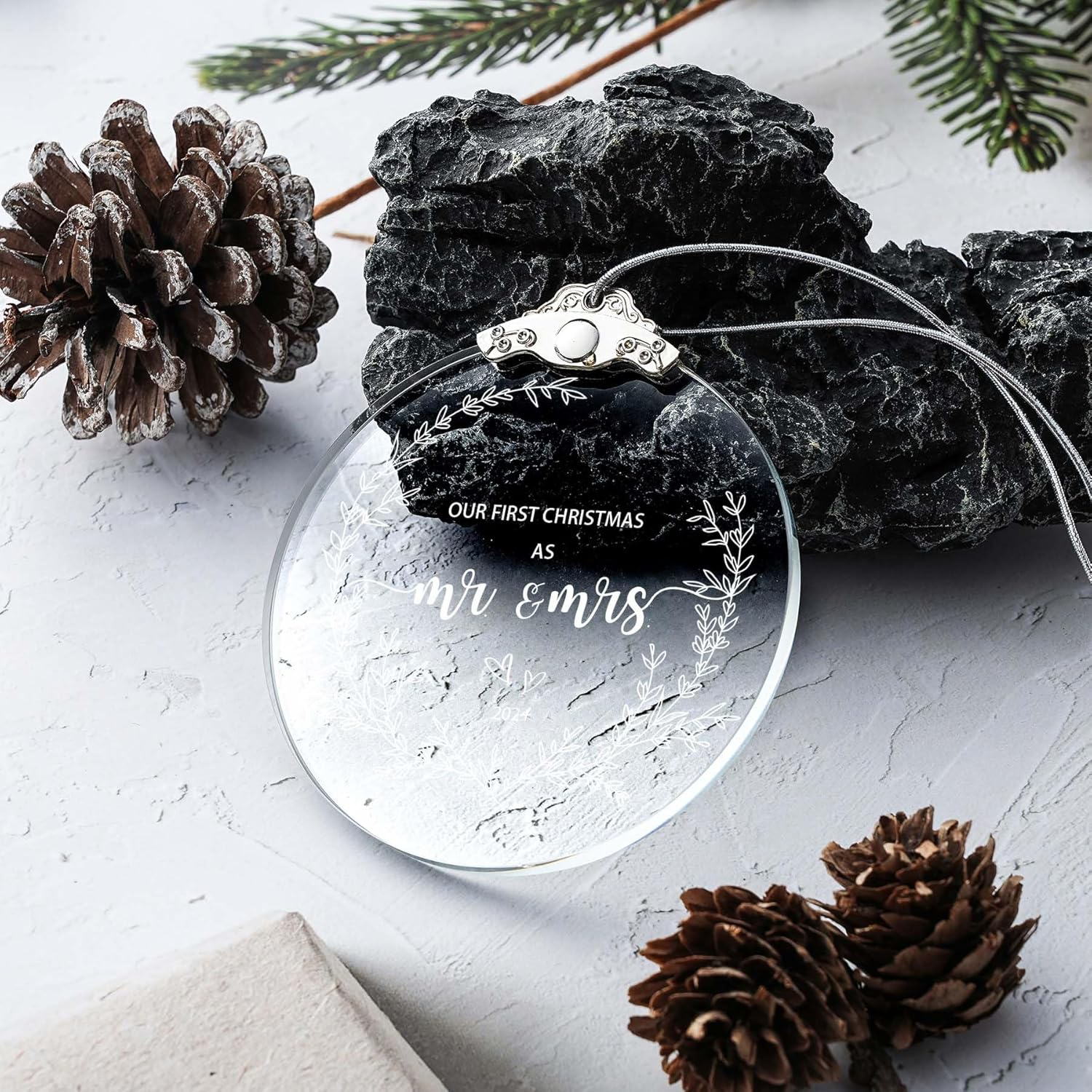 ZUNON Bridal Shower First Christmas as Mr Mrs 2024 Our Wedding Decoration Ornaments for Newlywed Holiday Party (3' Glass Our First Christmas as Mr Mrs) image number 1