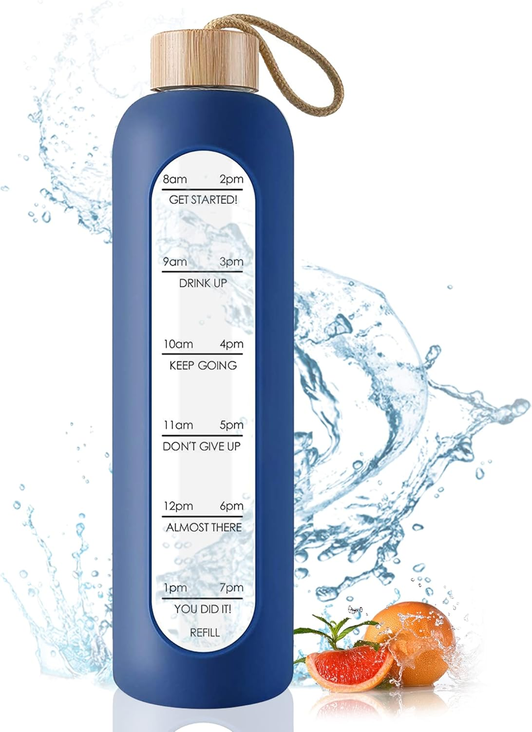 Glass Water Bottle 1 L with Time Markings - 1 Litre Leak-Proof Sports Glass Water Bottle with Bamboo Lid for Sports, Leisure, 1000 Ml Reusable Shatterproof Silicone Cover Water Bottle (White)