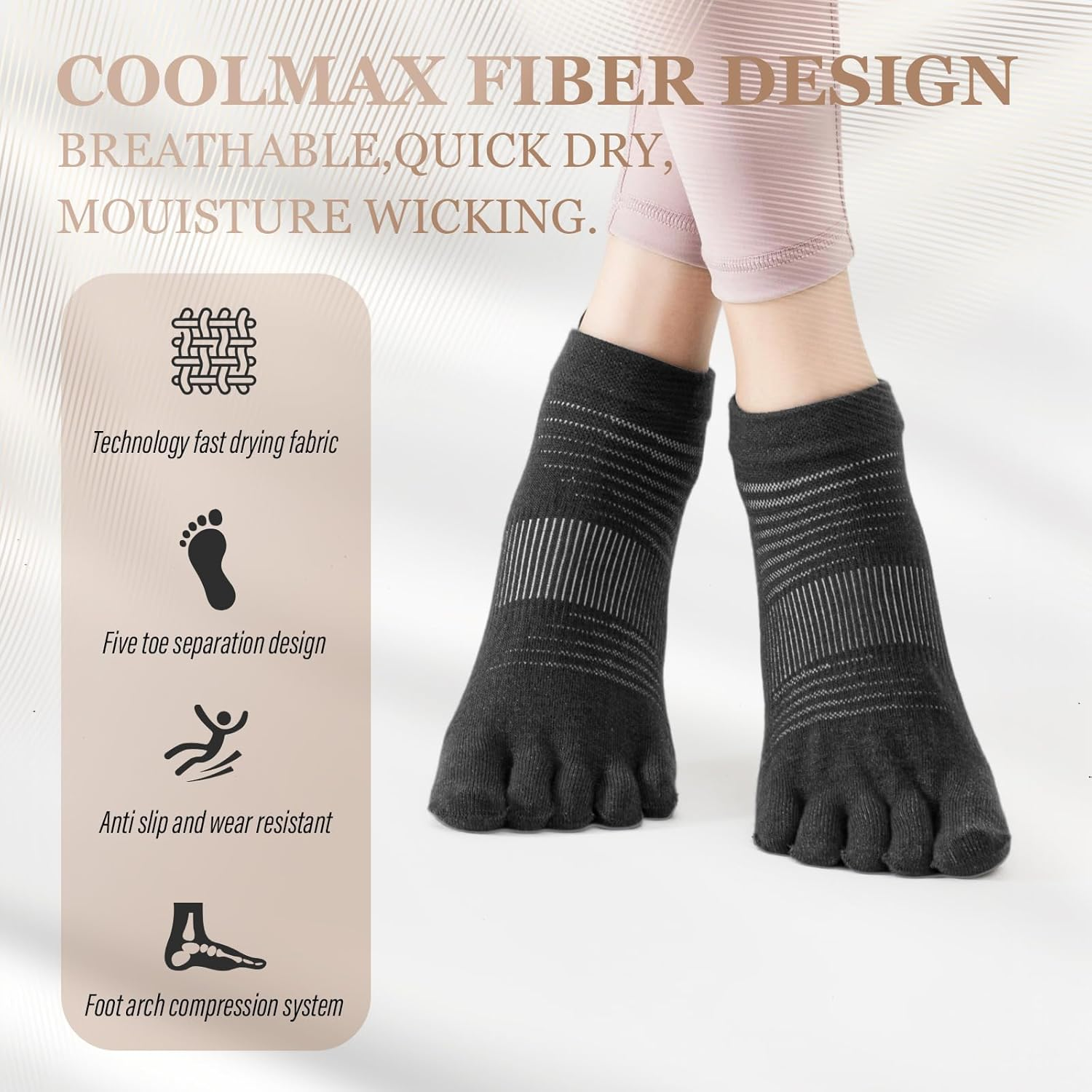 Viiotu 2 Pairs Middle Toe Socks for Women Men,Coolmax Five Finger Running Socks,High Performance Athletic Toe Socks No Show image number 3