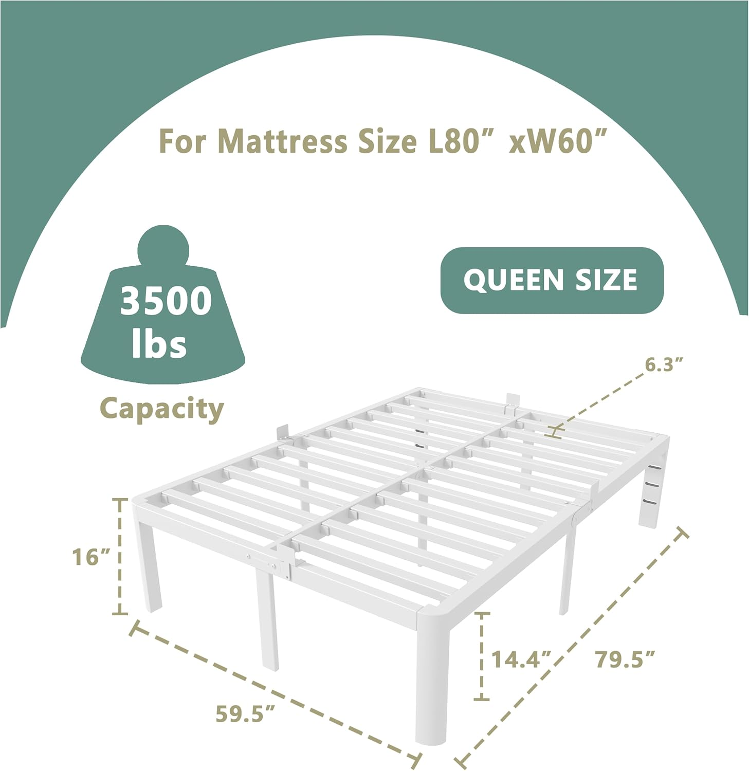 ITIMIDI 16 Inch Bed Frame Queen Size with Metal Gaskets, Heavy Duty Queen Platform Bed Frame No Box Spring Needed, DIY Headboard, Anti-Slip Mattress Stopper, round Corner Leg, Easy Assembly, White image number 1
