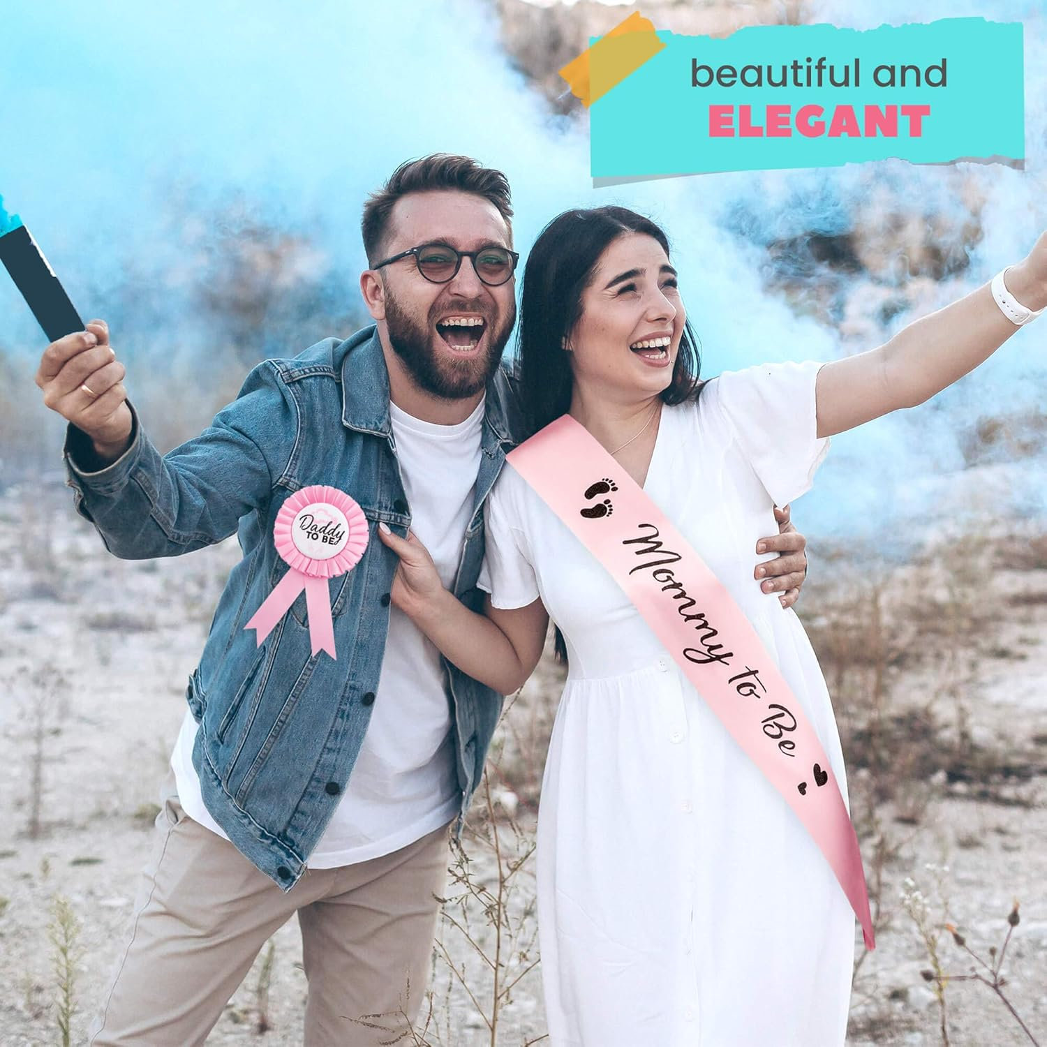 CORRURE Baby Shower Sash and Button Pin for Girl - 'Mommy to Be' Sash and 'Daddy to Be' Pin with Beautiful Pink Ribbon and Black Foil Text - Ideal Mom and Dad Gender Reveal/Baby Shower image number 6