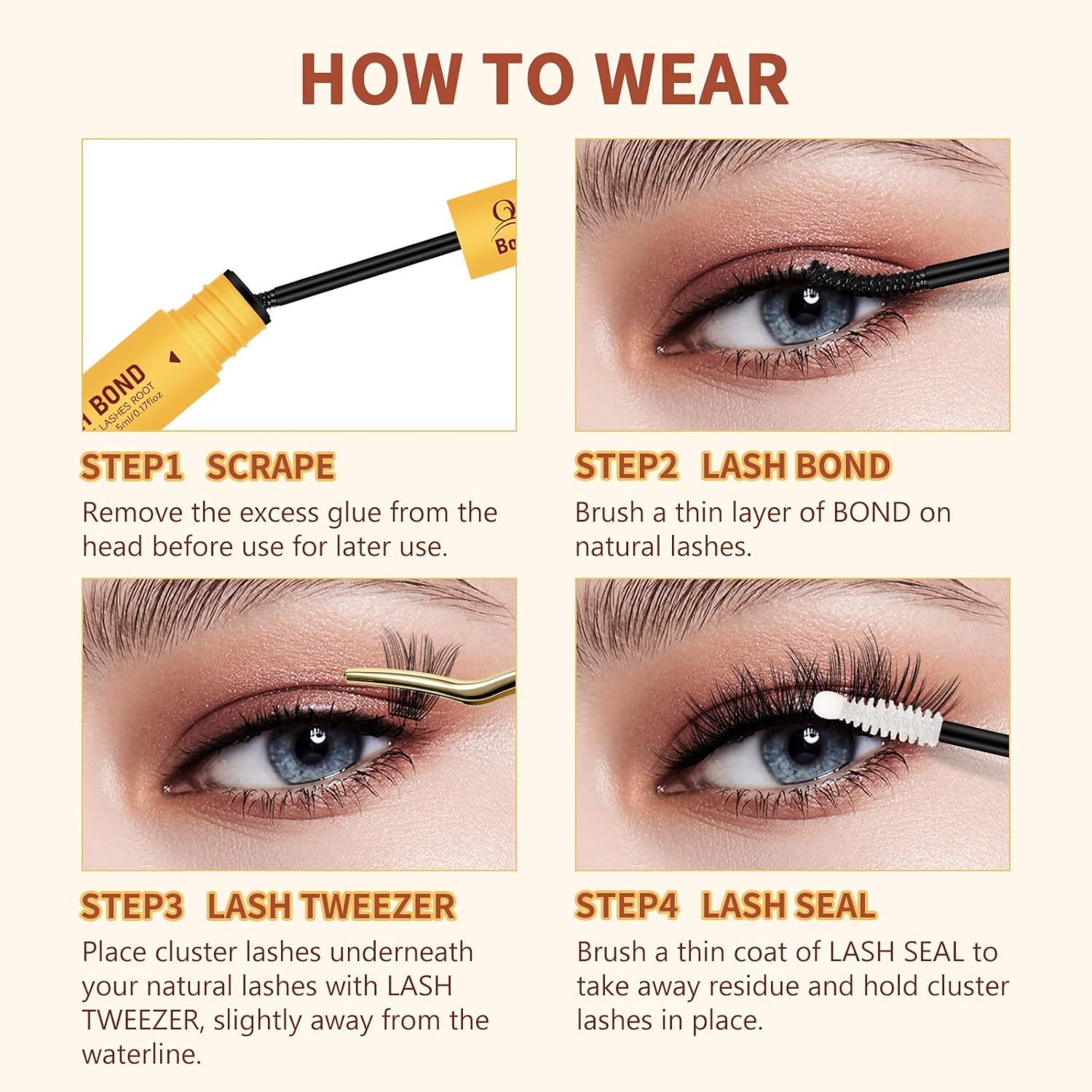QUEWEL Lash-Bond-And-Seal Waterproof, 5Ml+5Ml Bond and Seal Eyelash Glue, Strong Hold&Long-Time Lasting Lash Cluster-Glue, Upgraded Brush Head Easier Use for DIY Lash Extensions at Home(Zs 5Ml+5Ml)