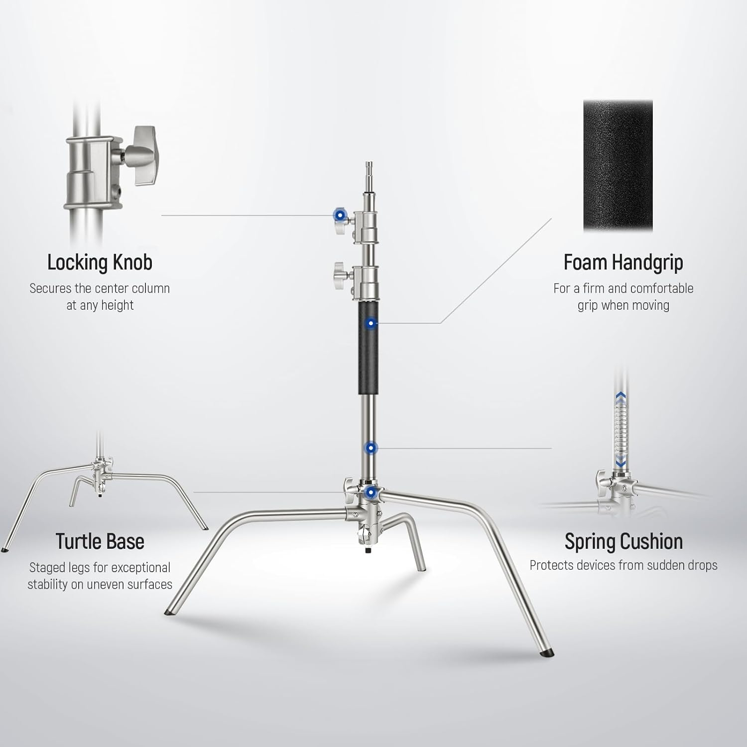 NEEWER Pro 100% Stainless Steel Heavy Duty C Stand with Boom Arm, Max Height 68"/172Cm Photography Light Stand with 2.7Ft/83Cm Holding Arm, 2 Grip Head for Studio Monolight, Softbox, Reflector, SC172 image number 1