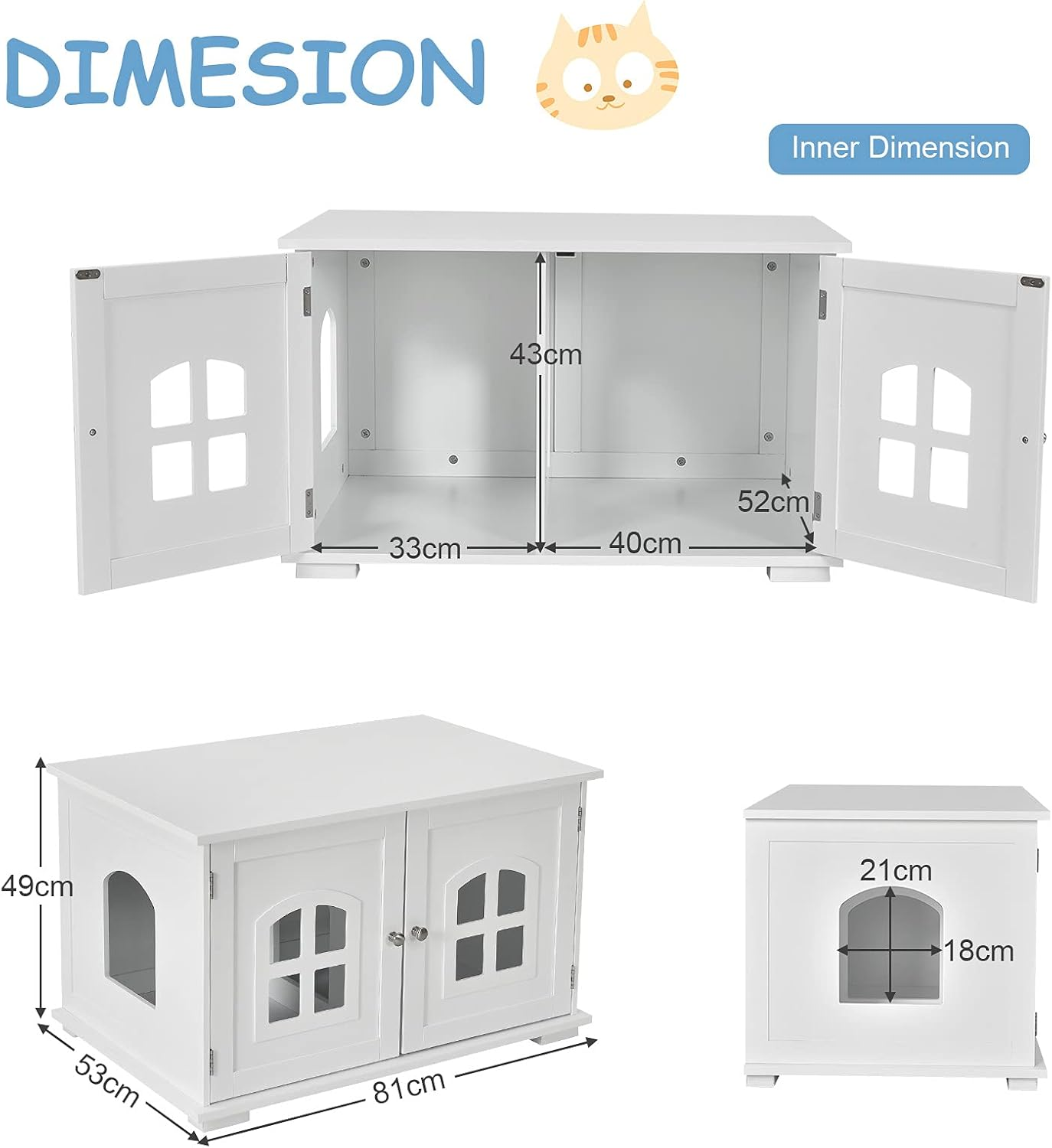 Costway Cat Litter Box Enclosure Furniture Hidden, Wooden Washroom Storage Cabinet Bench W/Cross Windows, Doors&Arched Doorway, Indoor Cat House, Pet House Cover, Side Table for Living Room, Bedroom image number 5