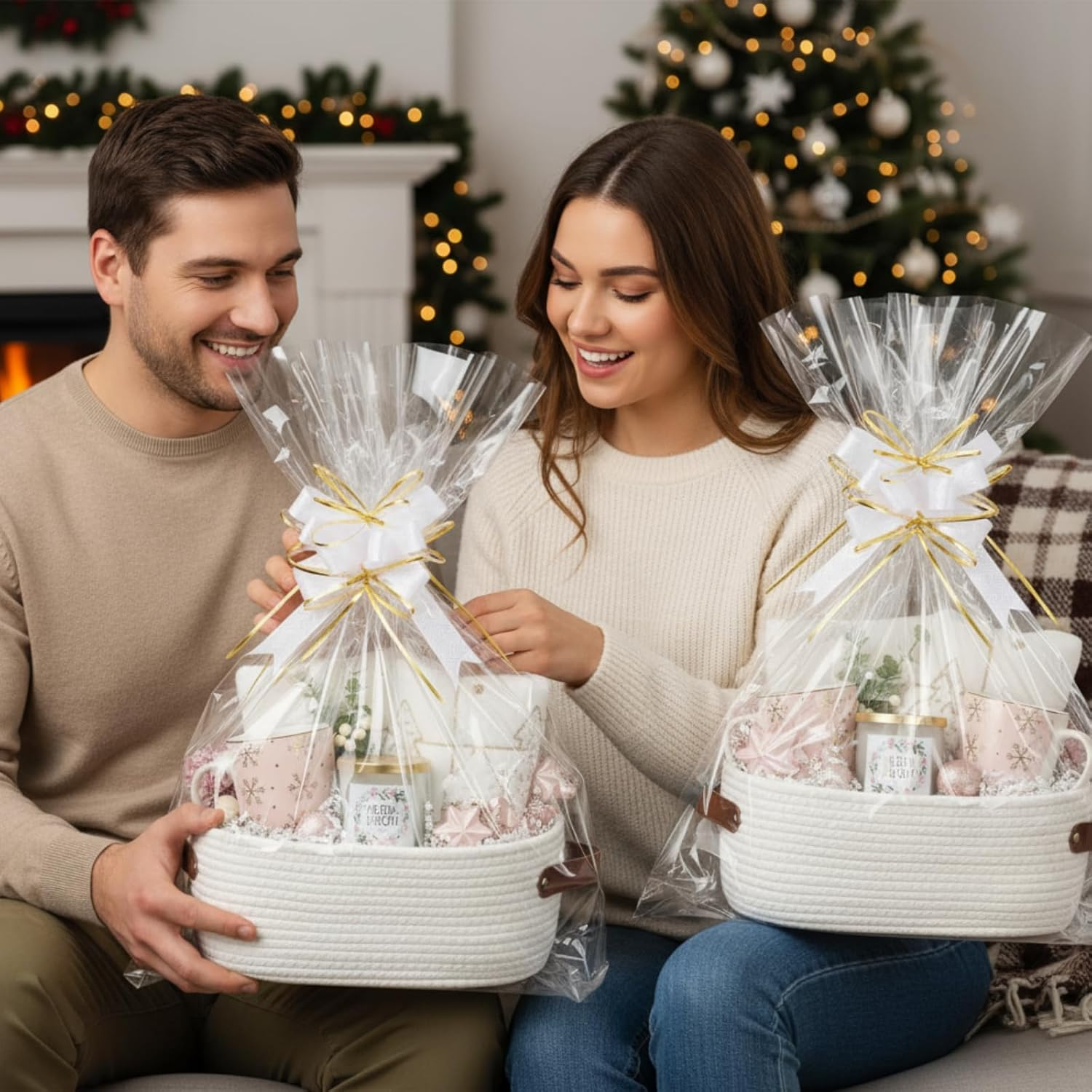 Colingmill 2 Pack Small Baskets for Gifts Empty with Handle Woven Basket with Bags and Ribbons Empty Storage Box Pet Toy Organizer for Baby Birthday Wedding Presents(White,13 X 8 X 6 Inch)
