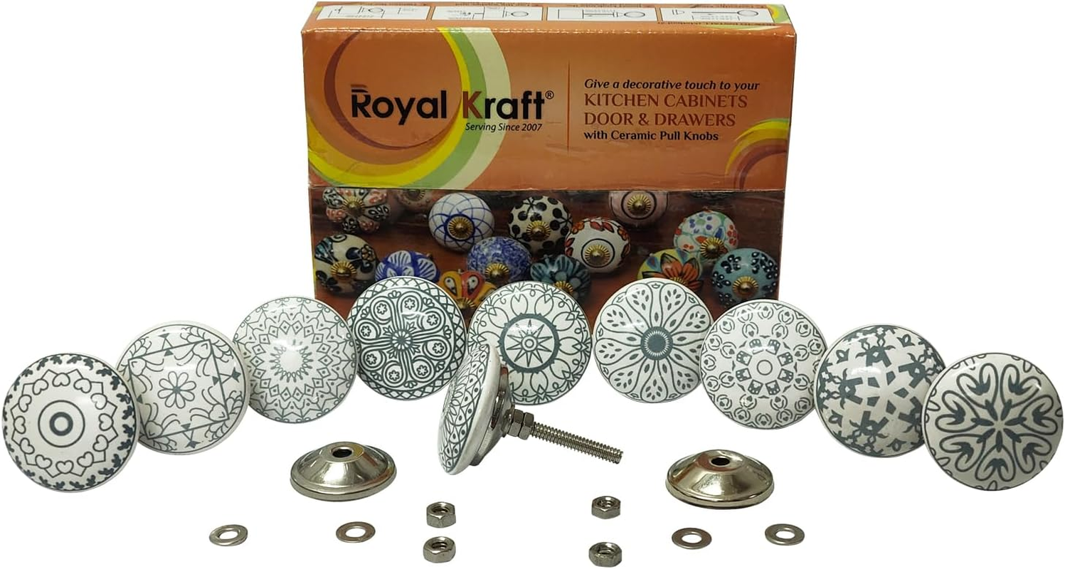 Royal Kraft Vintage Grey Painted Ceramic Pull Knobs for Kitchen Cabinet, Door & Drawer, Wardrobe, Cupboard (10 Designs X 2 Pcs = 20 Knobs) Sknob014_20 image number 6