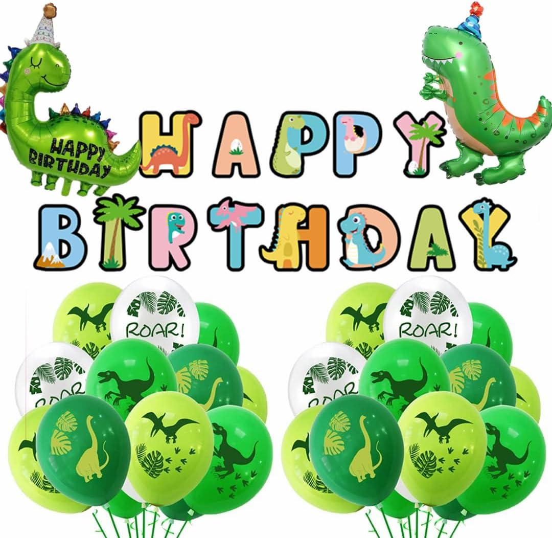 Dinosaur Birthday Banner and Balloons Kit - Giant Dinosaur Mylar Balloons with Happy Birthday Sign, Dinosaur Theme Balloon Party Favor Supplies for Kids (Happy Dinosaur) image number 1