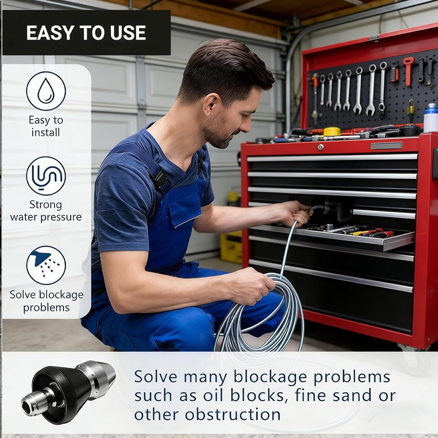 2025 Sewer Cleaning Tool - High Pressure Nozzle with Drain Augers for Sewer Pipe Dredging Cleaning and Pipe Unclogging Drain Clog Remover Pipe Cleaner image number 4