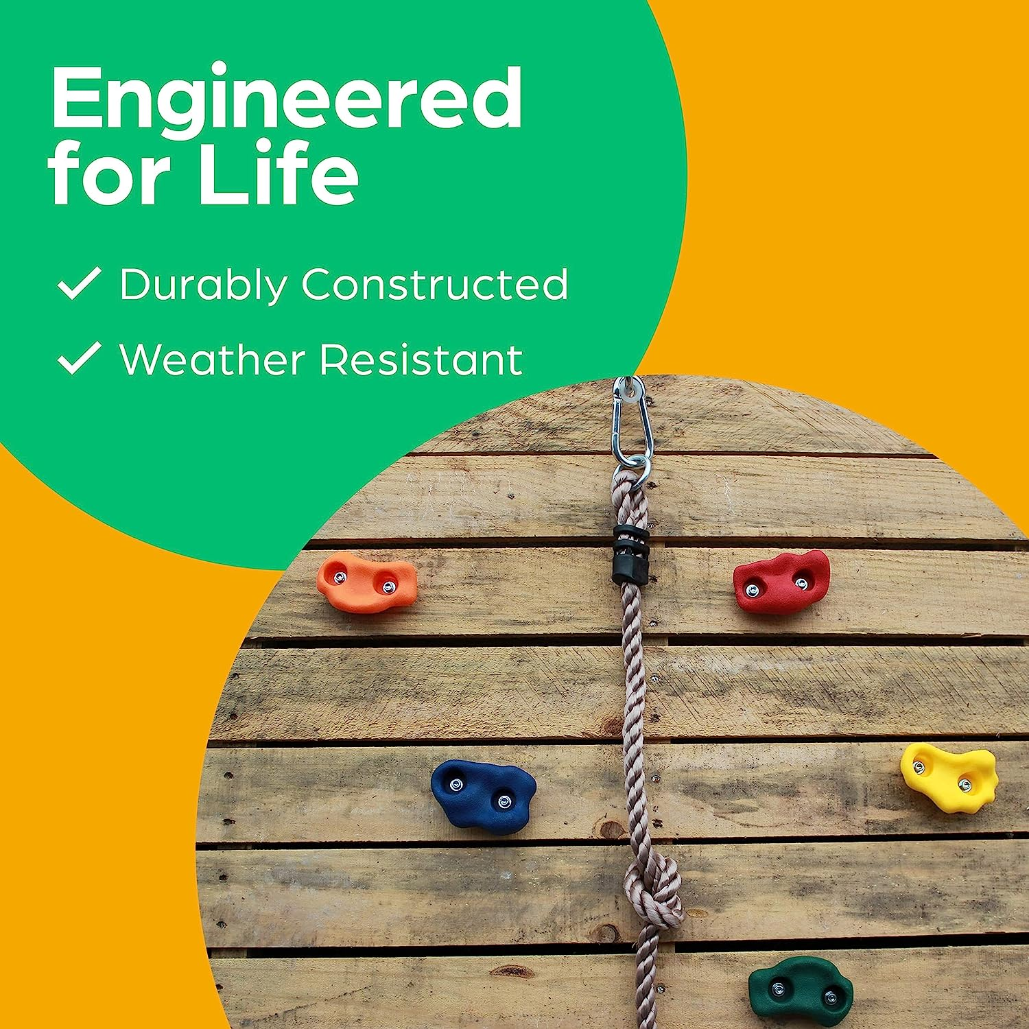 Jungle Gym Kingdom DIY 25 Rock Climbing Ninja Hand Holds with Robust 8 Foot Knotted Rope Build Childrens Playground Wall Kids Indoor Outdoor Play Sets with Mounting Hardware