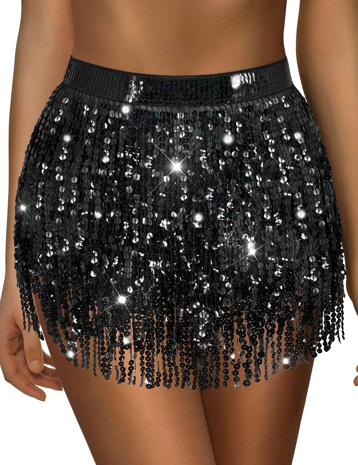 Qikqik Sequin Skirt for Women Sparkly Skirt Tassel Skirts Halloween Sequin Fringe Skirts Belly Dance Glitter Rave Outfit Wrap