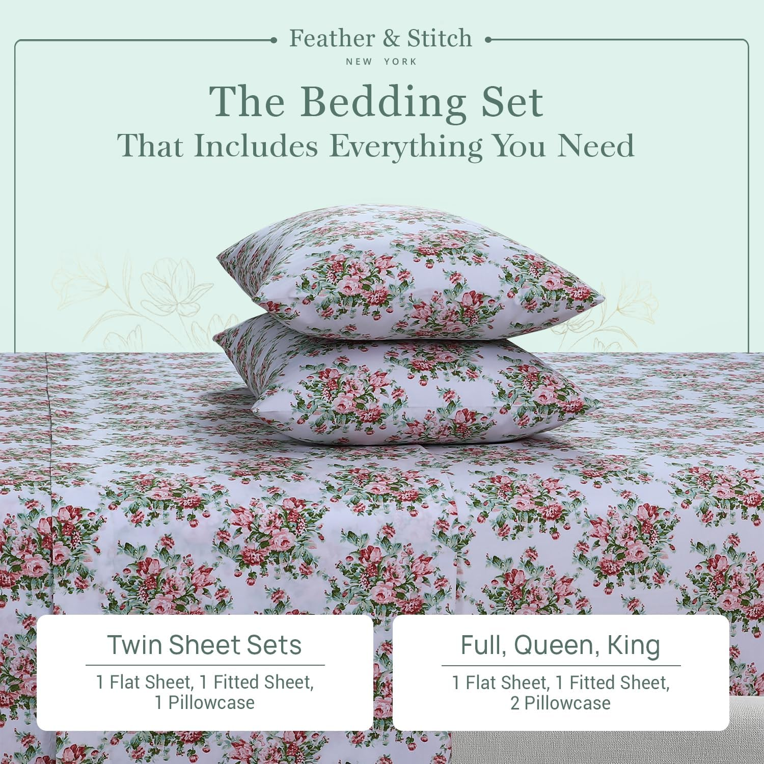 Feather & Stitch Softest 100% Cotton Sheets, 300 Thread Count Percale Weave Bedding, 16" Deep Pocket, Cooling Sheets, Breathable Bed Set, Hotel Premium Quality (Queen, Floral)