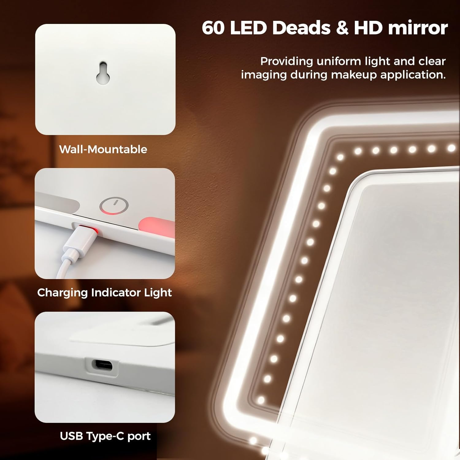 LED Makeup Mirror, Caffobiz Portable Mirror with 3 Adjustable 3 Light Modes, Usb-Rechargeable (Type-C Included), 20Cm*23Cm, Touch Control, 2000Mah Battery for Travel, Home, Dorm image number 6