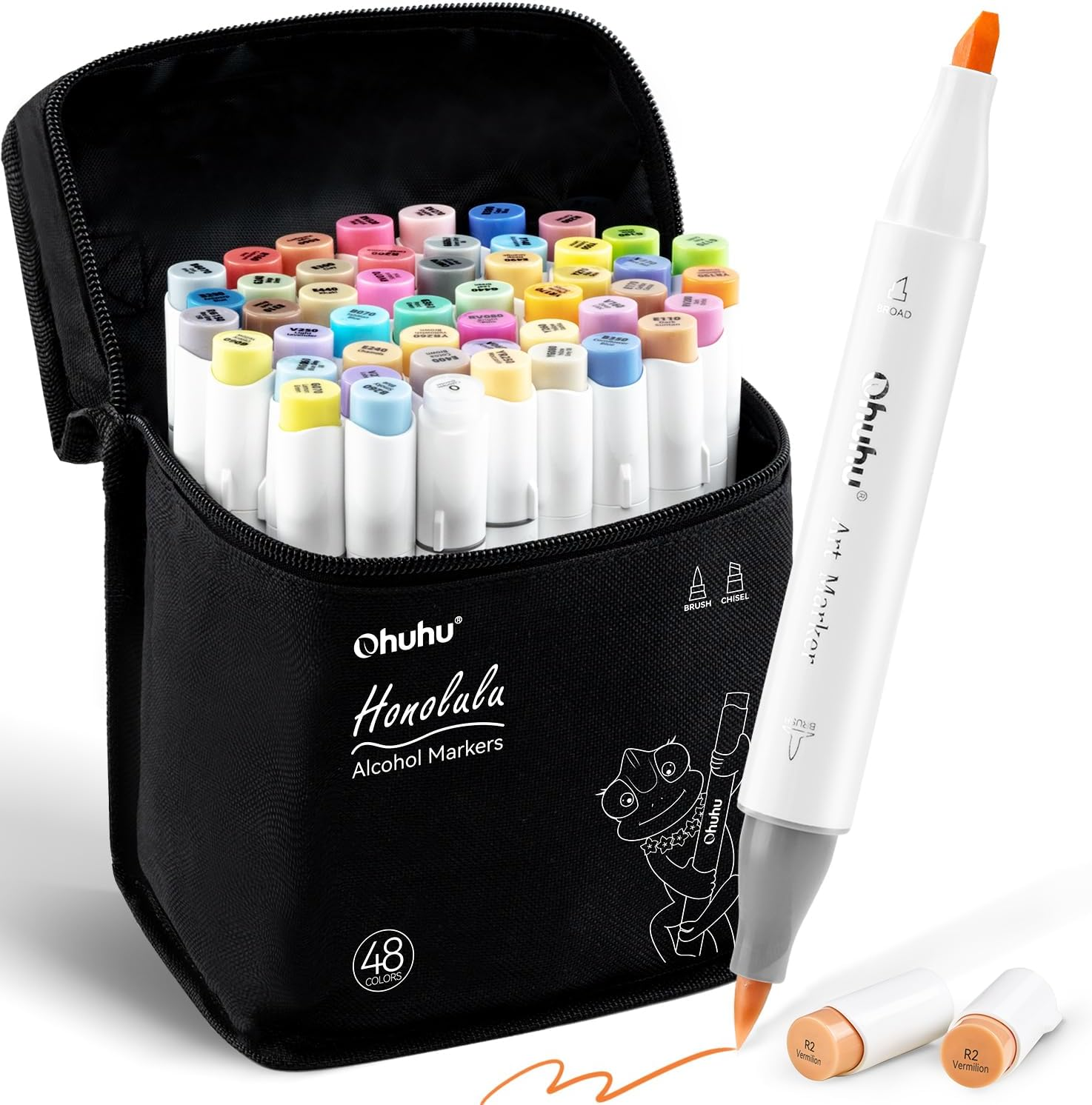 Ohuhu Alcohol Brush Markers 48 Mid-Tone Colors- Double Tipped Alcohol Based Art Marker Set for Artists Adults Coloring Sketch Illustration- Brush & Chisel Dual Tips- Honolulu- Refillable image number 3