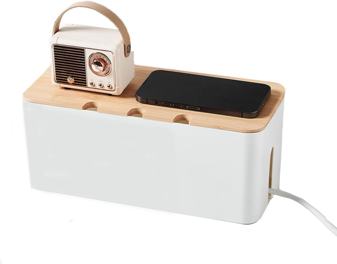 Cable Management Box with Bamboo Lid, Wires Keeper Holder, Small Cord Hider Box Cord Organizer Boxs, Power Strip Box for Desk TV Computer USB Hub System to Cover and Hide to Conceal Surge Protector image number 3