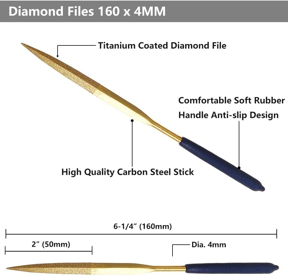Yakamoz 10 Pcs Titanium Coated Mini Diamond File Set Flat Needle Square round Triangular Shape Rifler Files for Metal Jewelry Glass Wood Carving Sanding Polishing Tool - 4X160Mm image number 6