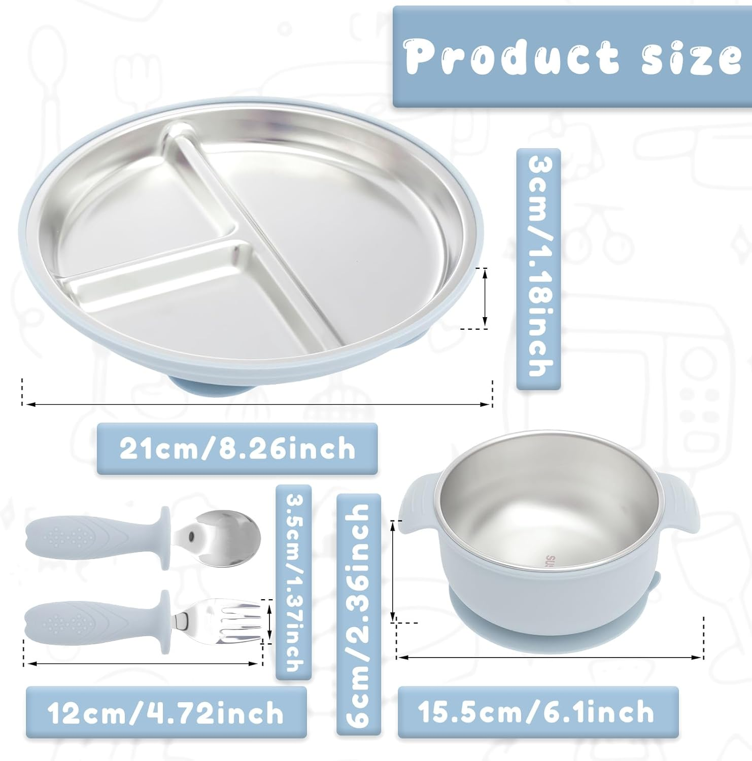 4 Pcs Stainless Steel Kids Plates Set Includes Plate Bowl Fork and Spoon, Creative Divided Food Tray, Dishwasher Safe Baby Feeding Set for Home Picnic Outdoor Activity (Light Blue) image number 1