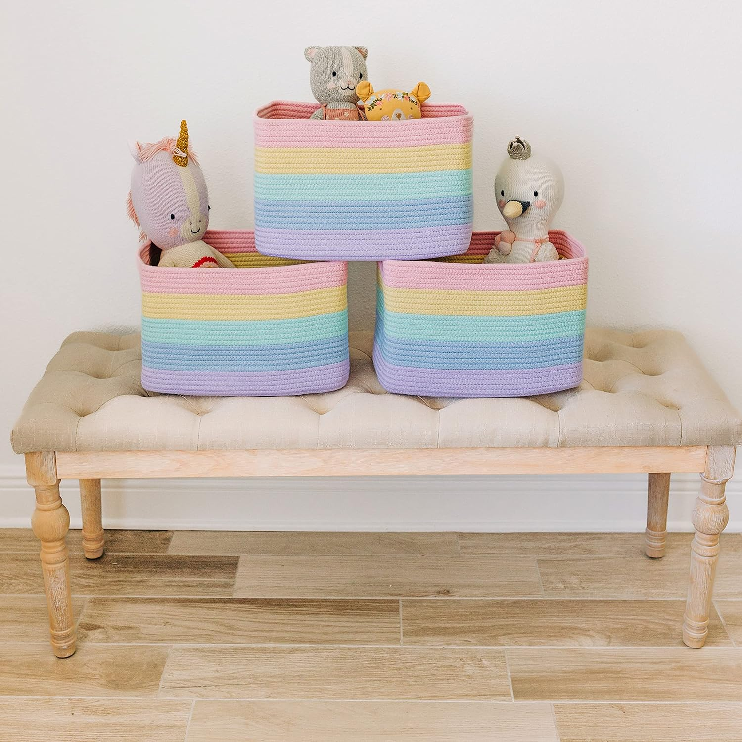 Organihaus Set of 3 Cute Rainbow Storage Basket for Toys & Cloths | Cotton Rope Basket for Decor | Shoe Basket Organizers & Storage | Decorative Storage Baskets & Bins | Woven Baskets for Storage image number 1