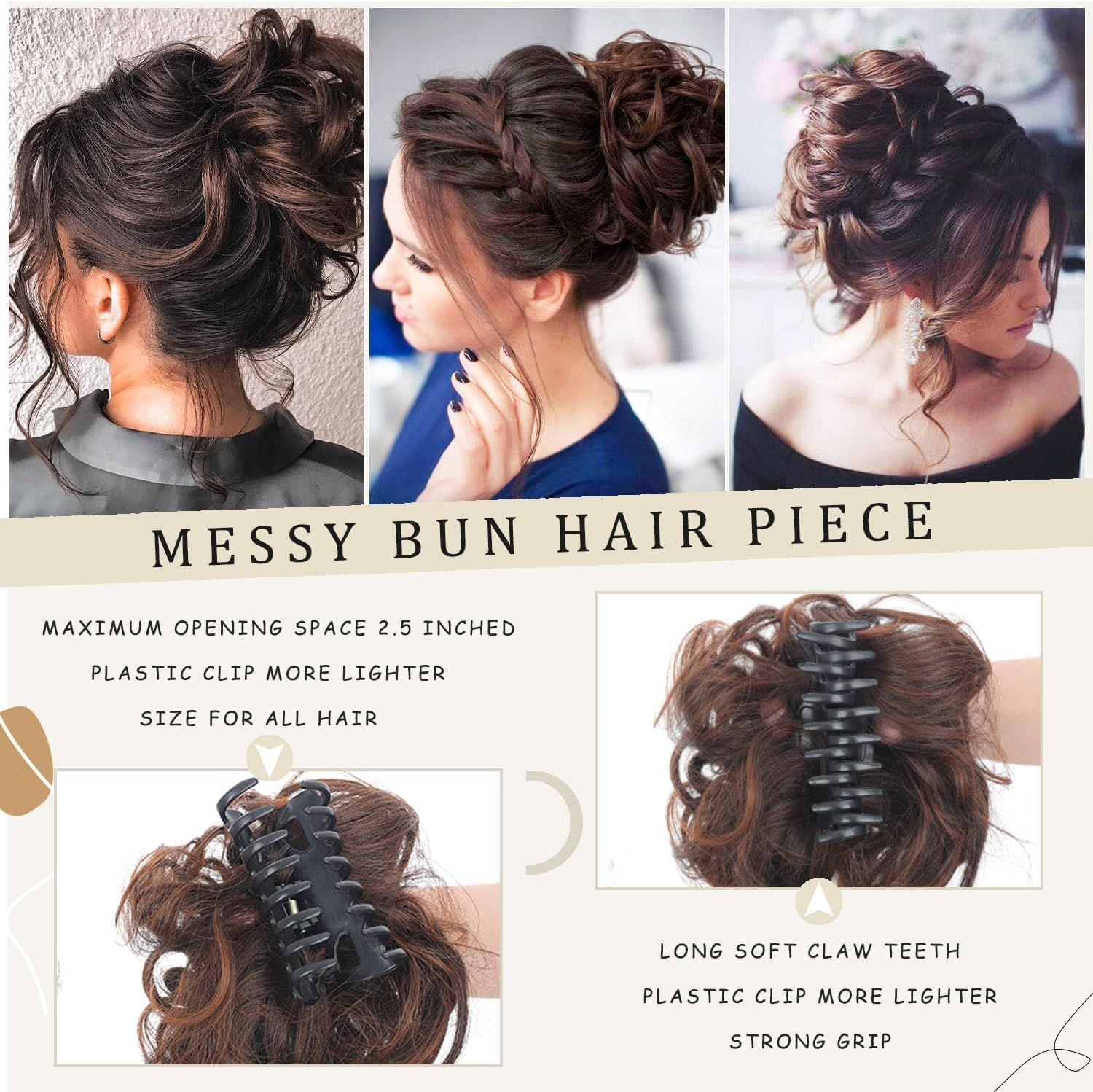 Messy Bun Hair Piece Claw Clip Synthetic Chignon Tousled Updo with Tendrils Hair Extensions Hair Bun Curly Wavy Faux Hair Bun Hair Scrunchies Hair Accessories for Women (Black Mix Medium Ash Brown) - Brown Mix Light Brown image number 4