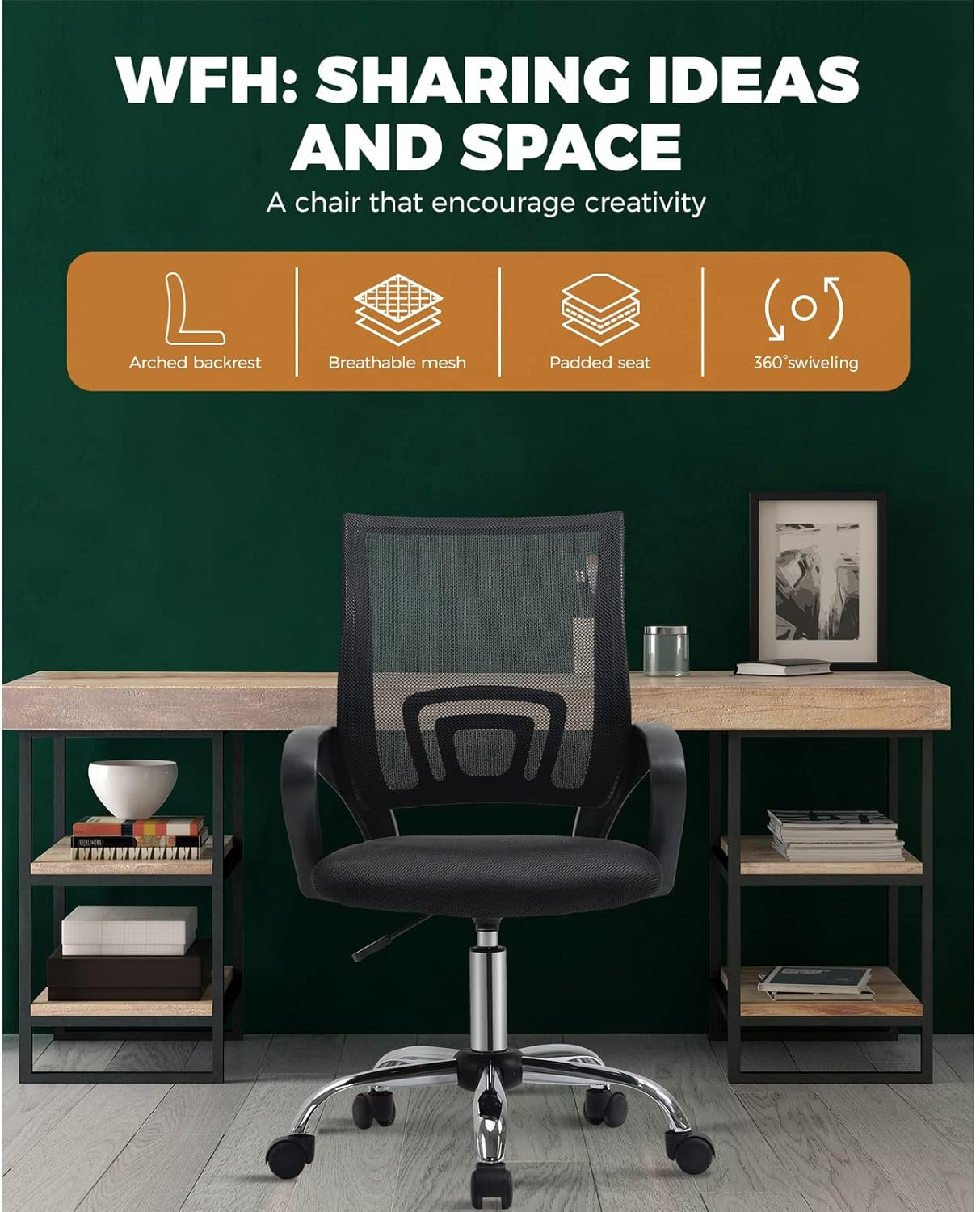 Oikiture Computer Desk Chair with Mid-Back and Lumbar Support Home Office Chair Armrest Swivel Chair for Home and Office Use Black image number 2