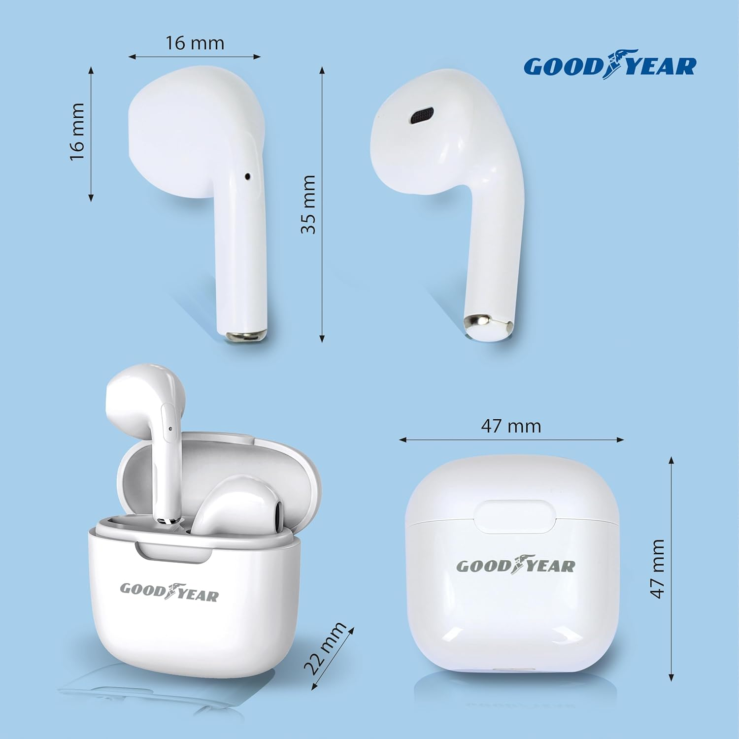 Goodyear Wireless Headphones with 60 Hours Charging Case, Bluetooth 5.3 Headphones, In-Ear, USB-C Charging Cable Included, True Wireless Stereo, Surround Sound, Microphone and Touch Controls image number 6