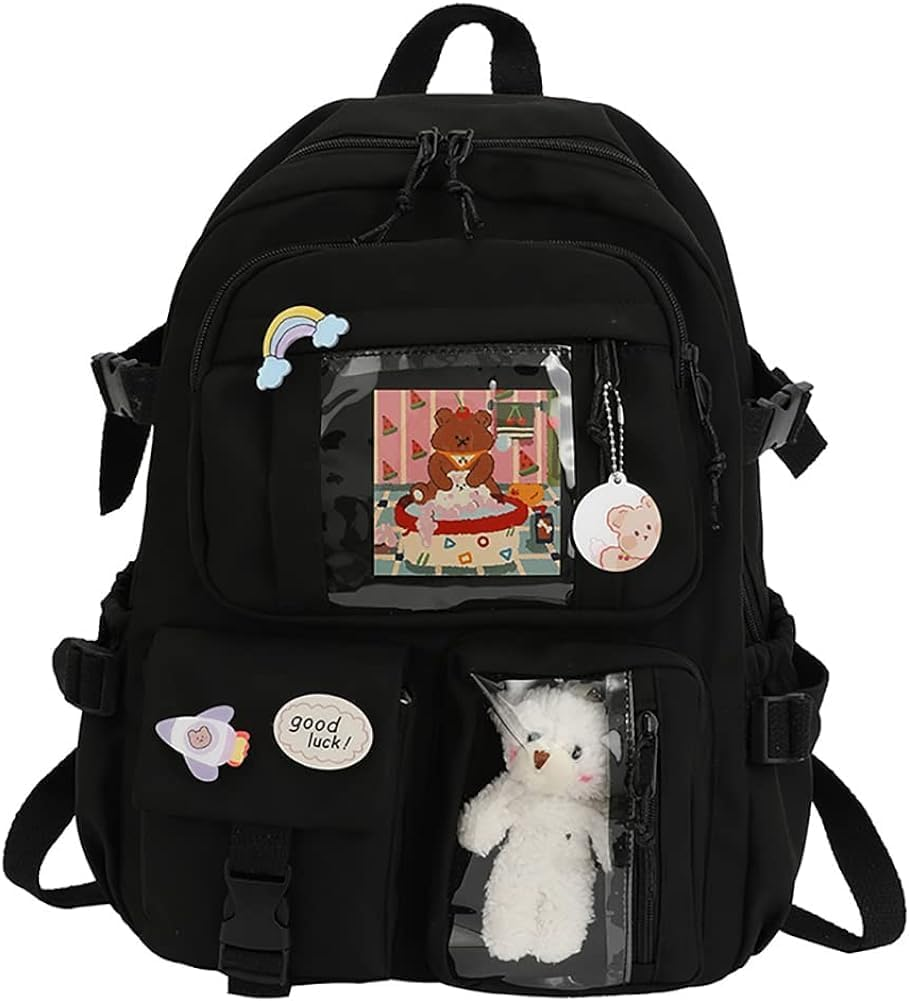 Kawaii Backpack with Pendant, Large Capacity Cute Bear Accessories Backpack for School Multi Pocket Rucksack for Teen Girls Cute Kawaii School Backpacks