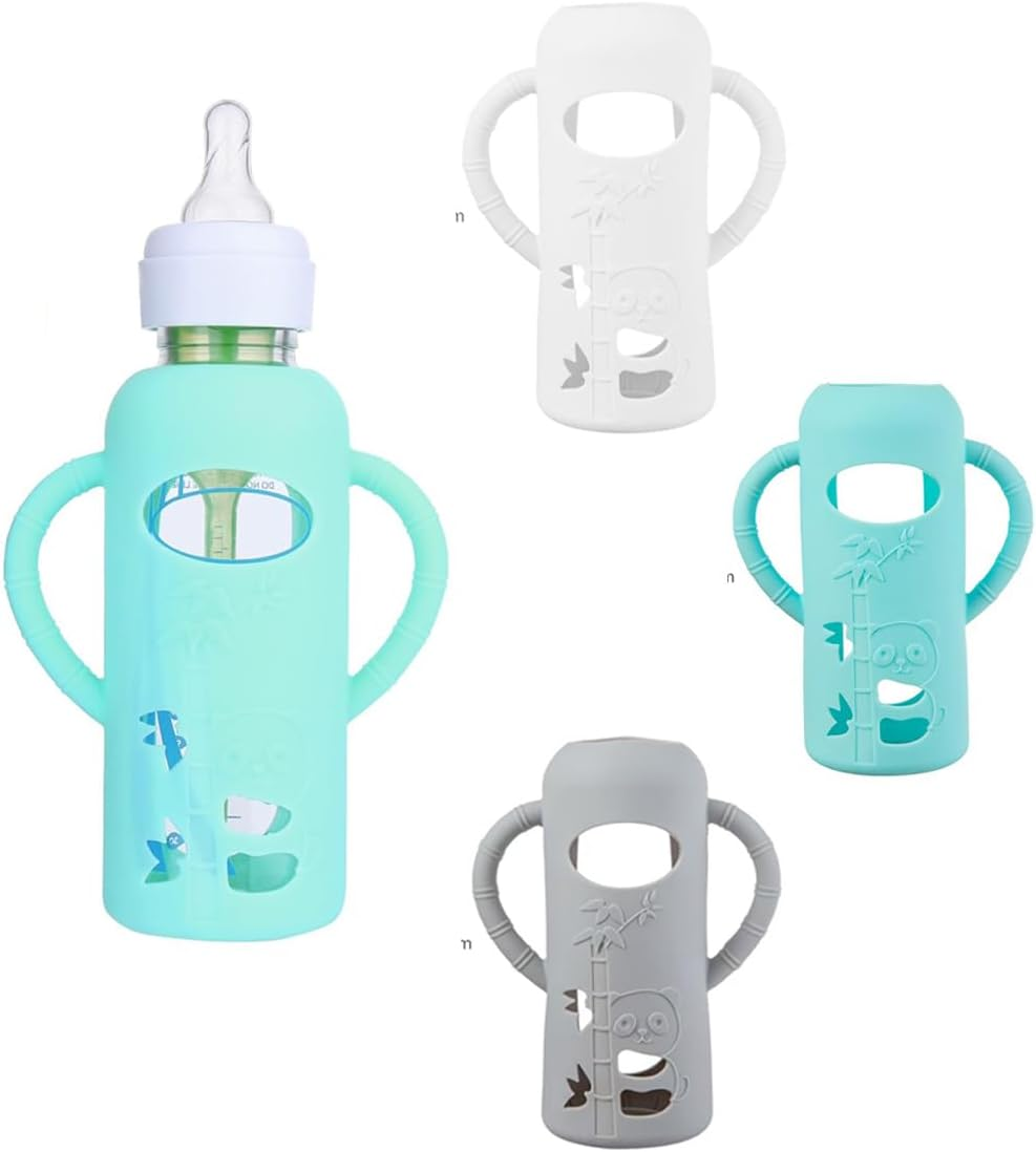3 Pack Silicone Sleeves for Dr. Brown'S Glass Baby Bottles - anti Breakage Baby Bottle Holder, Compatible with Dr. Brown'S Newborn Glass Bottles,With Silicone Handles,4 Oz (White+Blue+Grey, 120Ml)