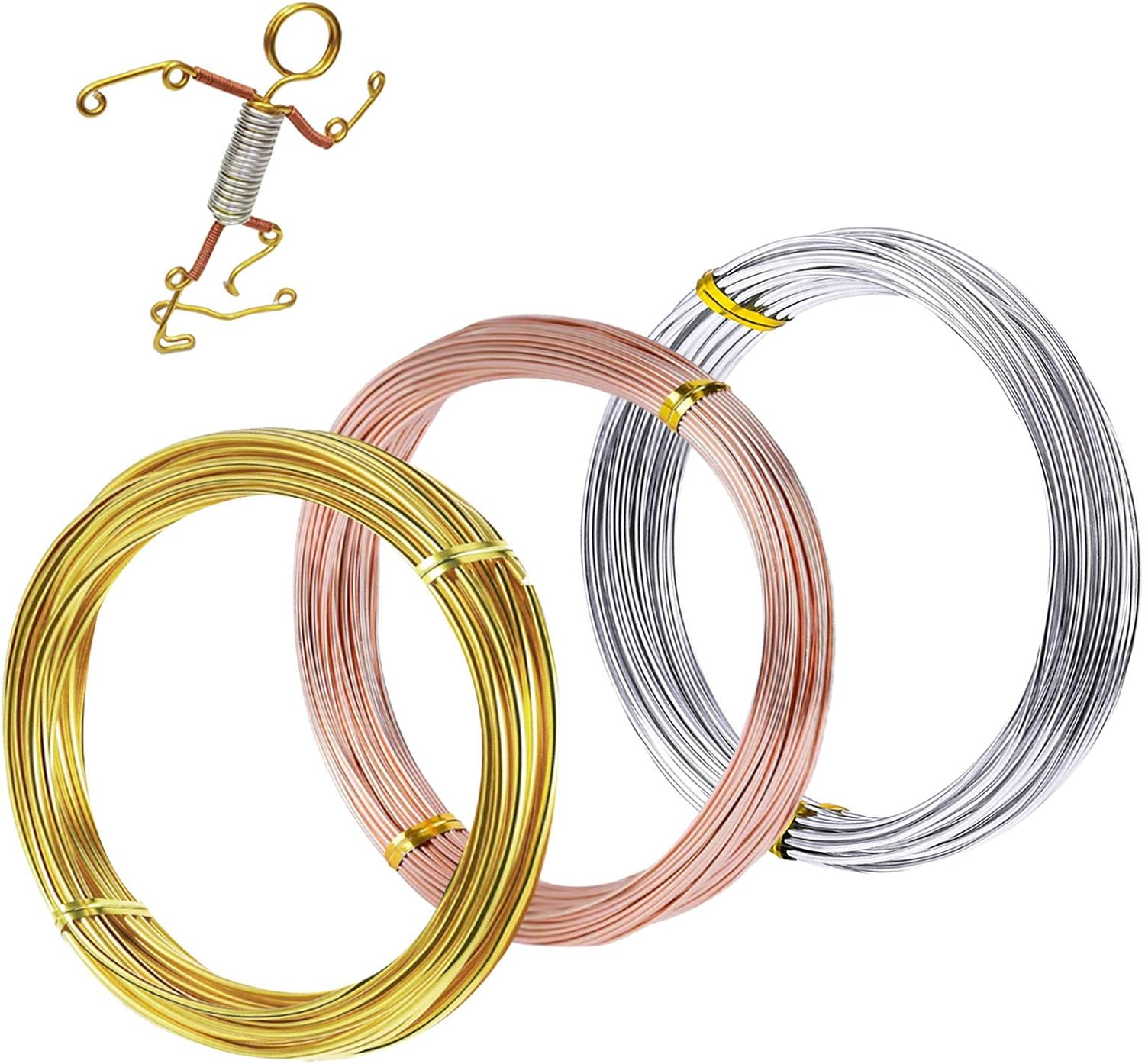 Cinvo 3 Rolls Craft Wire Jewelry Beading Wire Flexible Aluminum Wire Tarnish Resistant for DIY Jewelry Craft Making (12 Gauge/2Mm Thick, Silver, Gold and Rose Gold) image number 2