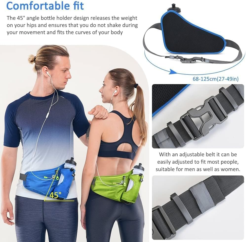 Lightweight Running Belt with Water Bottle Holder, Water Resistant Running Belts with Reflective Strips and Headphone Hole, Runner Belt & Workout Fanny Pack for Men, Woman, Kids (Blue) - Grey image number 5