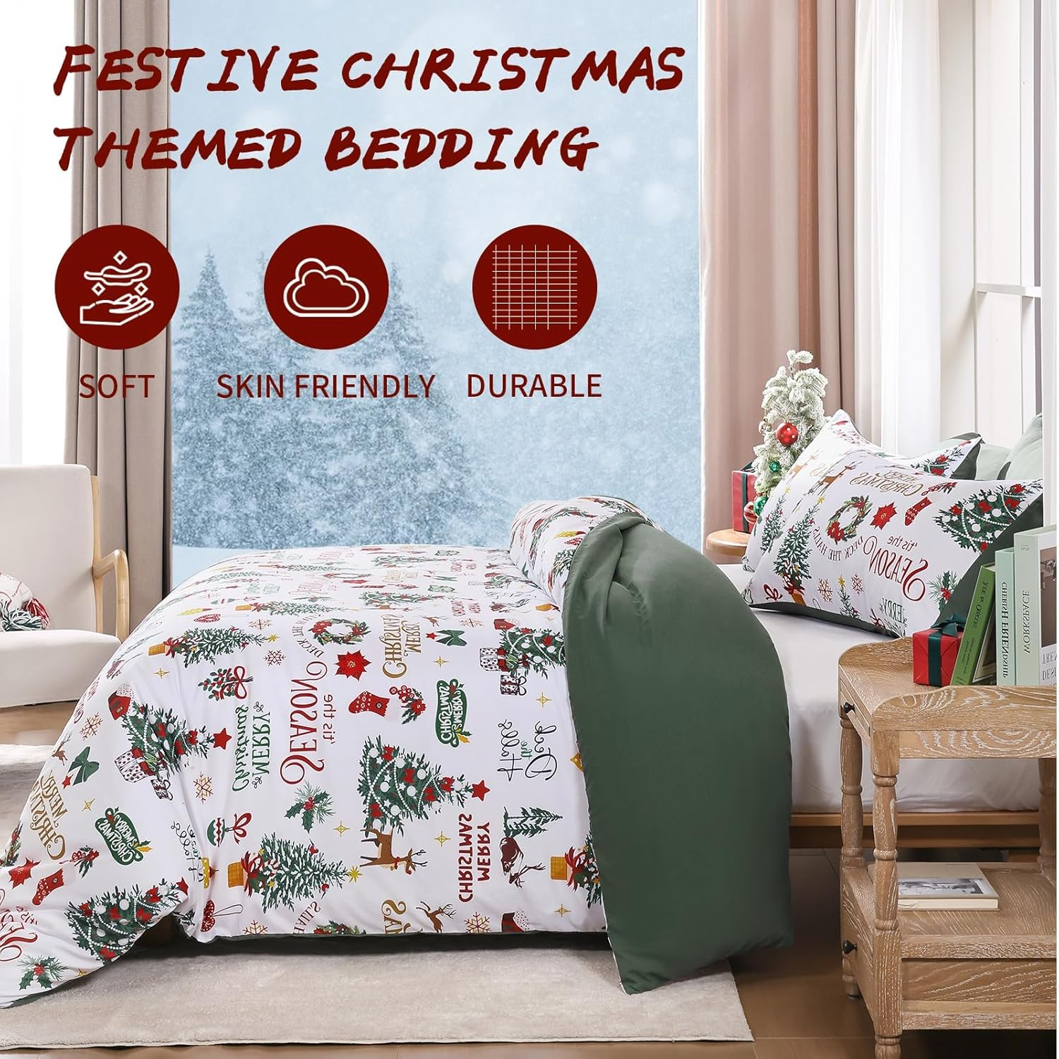 Christmas Duvet Cover Set Queen Wreath Christmas Tree Poinsettia Bedding Set, 3 Piece Soft Microfiber Rustic Green White Winter Holiday Duvet Cover Festival Decor (Zipper Closure,90''X90'') image number 5