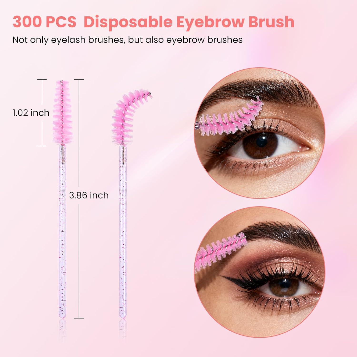 300PCS Disposable Eyelash Brushes - Crystal Mascara Wands - Eyelash Spoolies & Eyebrow Brushes - Makeup Applicators for Lash & Brow Grooming - Castor Oil Application - Cosmetic Tools (Pink) image number 3