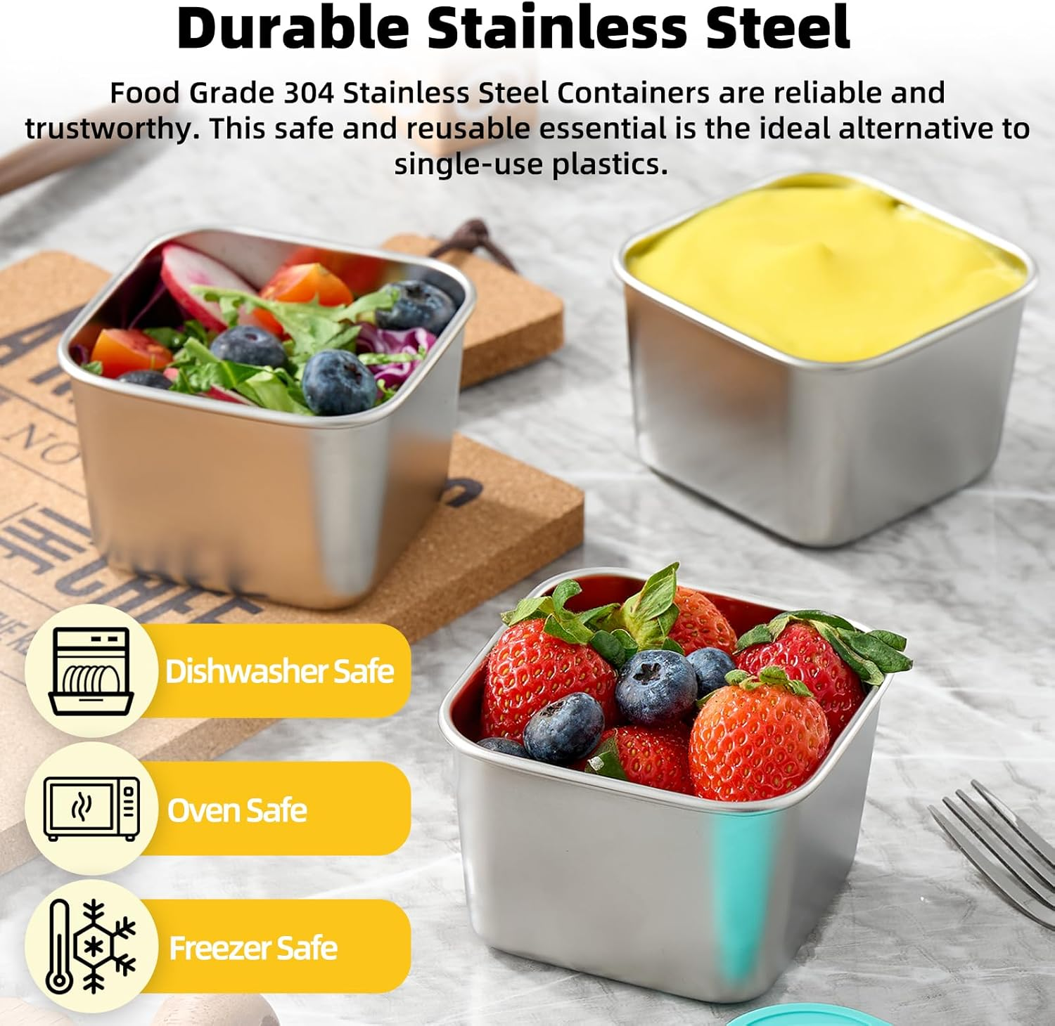 Feshory 6 Pack (190Ml/6.5Oz) Stainless Steel Snack Containers with Silicone Lid - Reusable Salad Dressing Sauce Container, Divided Snackle Box for Storing Nuts, Fruits, Snacks, Dips image number 5