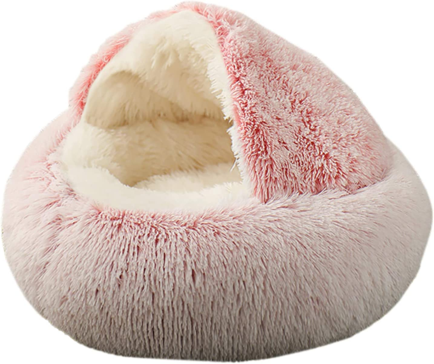 KWEWIK Cat Bed round Soft Plush Burrowing Cave Hooded Cat Bed Donut for Dogs & Cats, Faux Fur Cuddler round Comfortable Self Warming Pet Bed, Machine Washable, Waterproof Bottom, Small, Pink