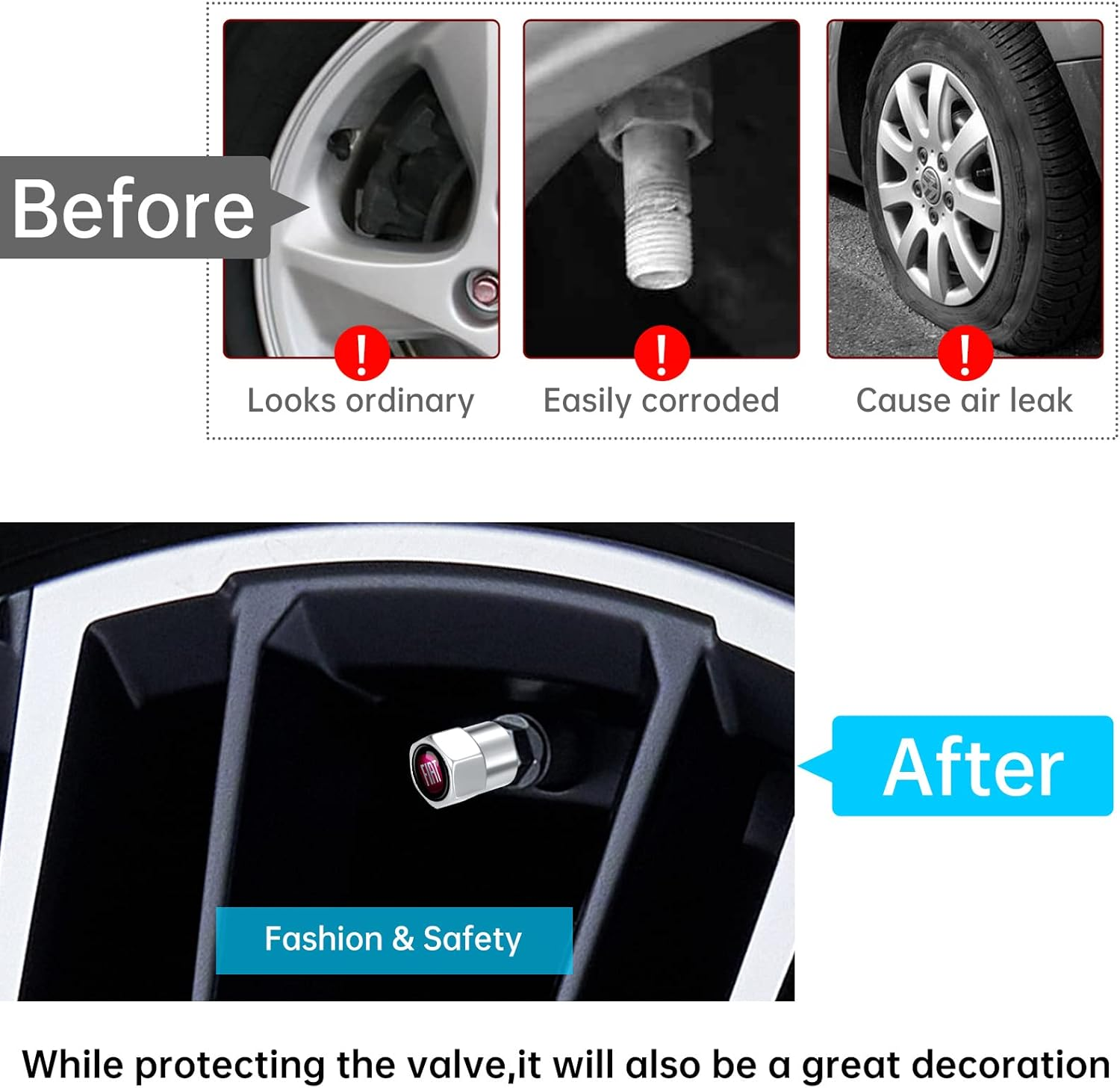 Tire Valve Stem Caps,Wheel Caps Compatible with Fiat 500 500C 500L 500X Brava Bravo Fiorino Panda Palio Series All Models, Metal Air Valve Cover Car Accessory,Not Made by Fiat,4 Pcs(Silver)