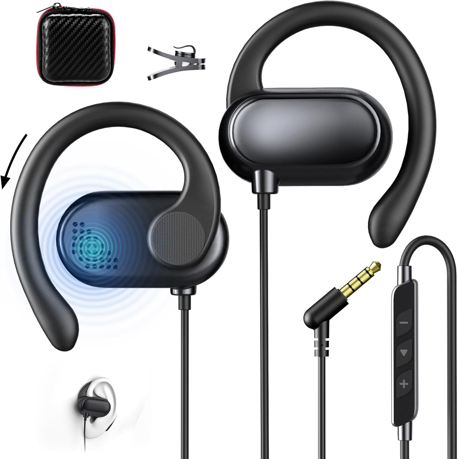 Open Ear Headphones with Cable Sports Headphones with Adjustable Ear Hook Microphone and Volume Control 3.5 Mm Headphones for Samsung A25 Iphone Ipad for MP3 MP4 Laptop Office Workout Music Aeroplane image number 6