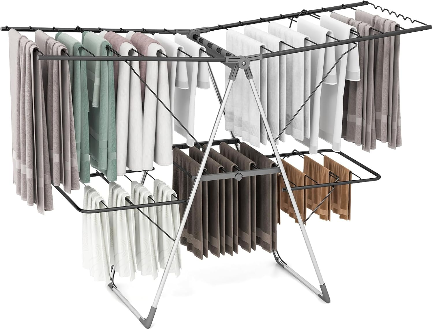 Giantex Folding Clothes Drying Rack, 2-Tier Metal Laundry Drying Rack Laundry Drying Rack with Height-Adjustable Wings, 33 Drying Rails, Middle Sock Clips, Side Wave-Shaped Bars, No Assembly