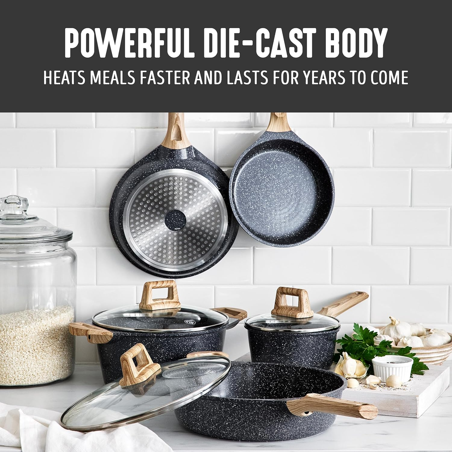 Greenlife 8 Piece Ceramic Nonstick Cookware Set, Induction Suitable Non Toxic Pfas-Free Pots & Pans, Dishwasher Safe, Cooking Set, Stock Pot, Saucepans & Frying Pans, Kitchen Cooking, Granite Black - Speckled Black image number 2