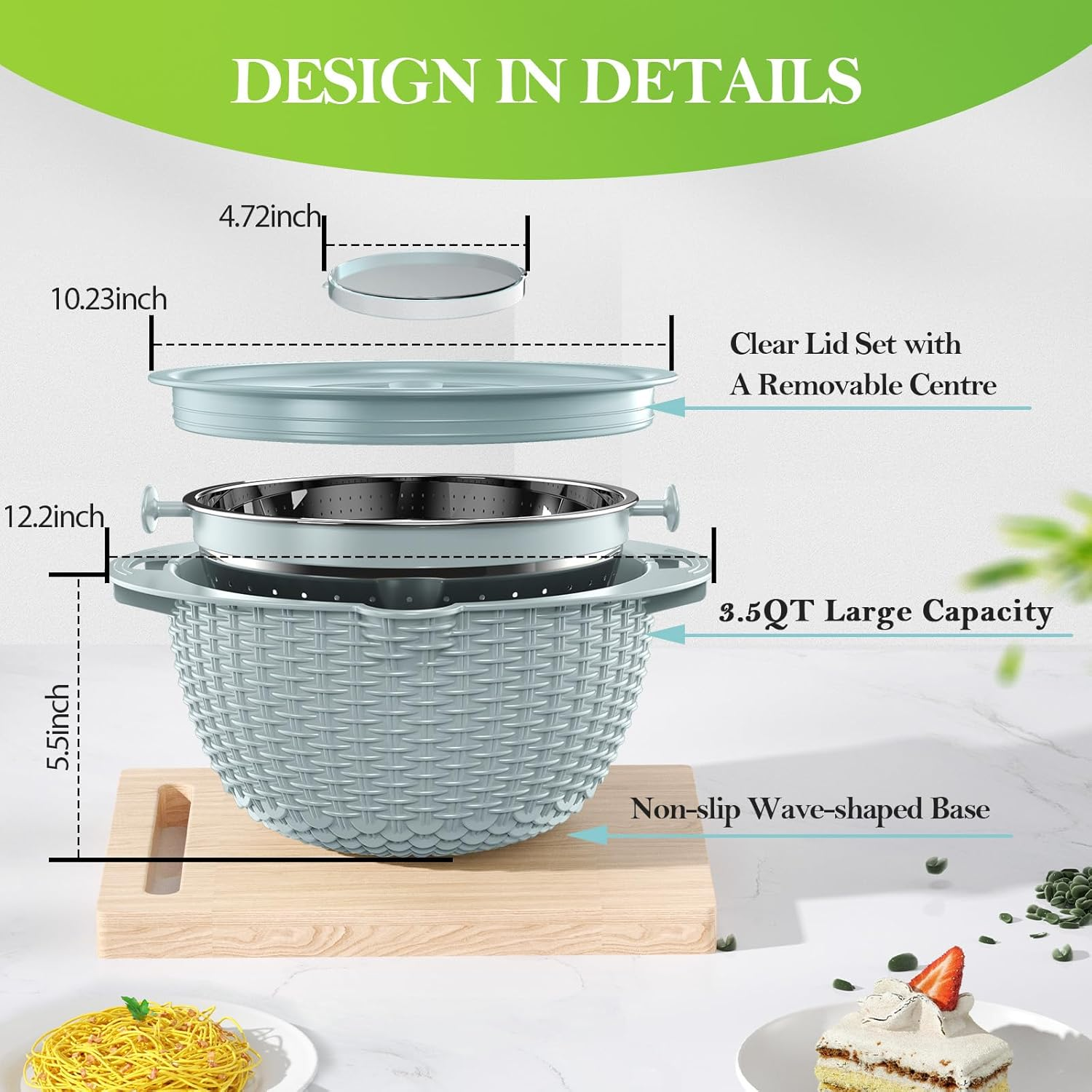 4-1 Colander with Bowl Set - Strainers for Kitchen, Food Strainers and Colanders, Pasta Strainer, Rice Strainer, Fruit Cleaner, Veggie Wash, Aesthetic Cooking Present Kitchen Essentials - Blue - Beige image number 5