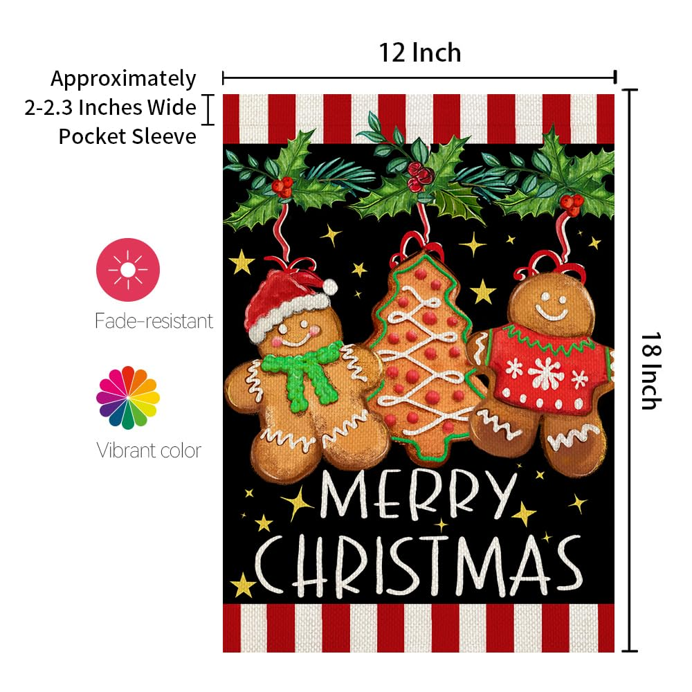 CROWNED BEAUTY Merry Christmas Garden Flag 12X18 Inch Double Sided Small Burlap Holiday Gingerbread Man Flag for outside Yard CF1642-12