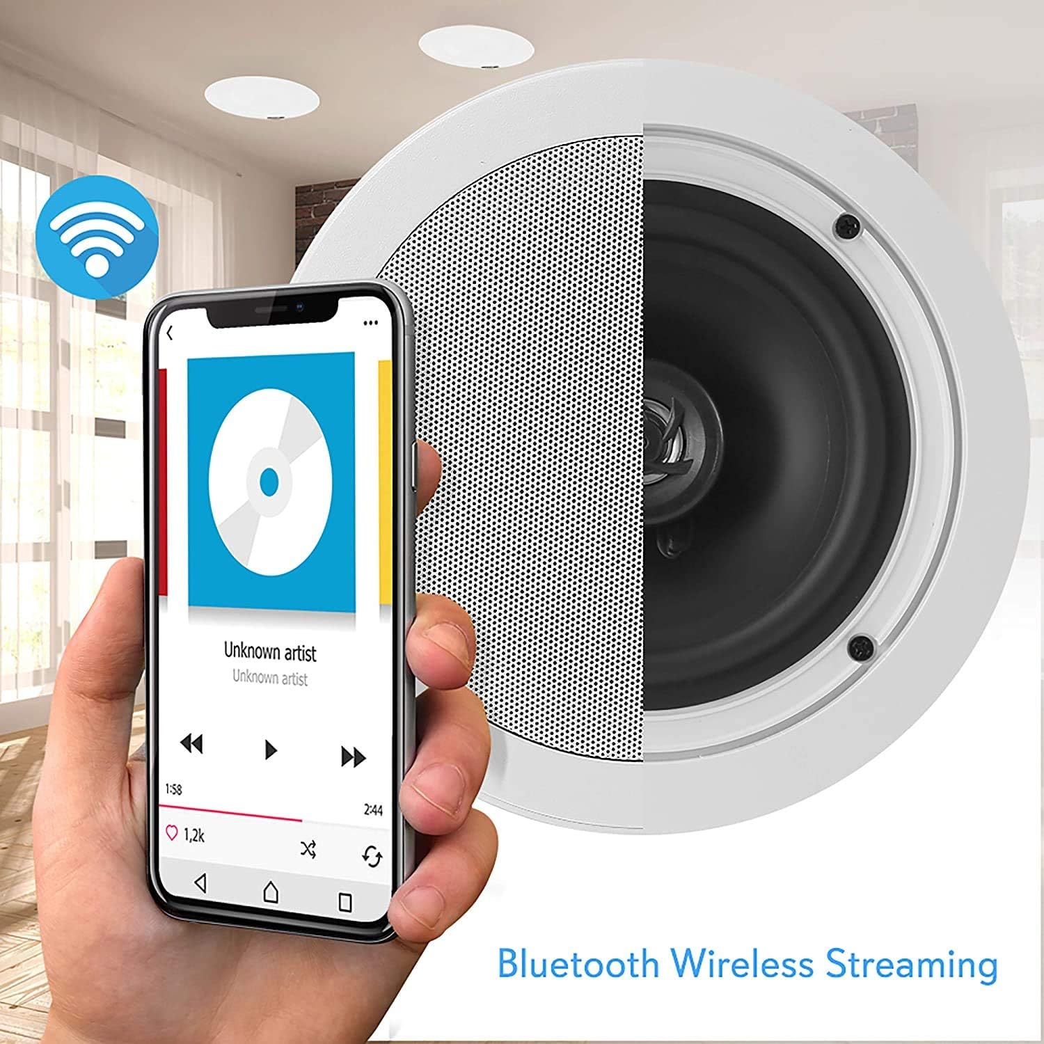Pyle 5.25&rdquo; Pair Bluetooth Flush Mount In-Wall In-Ceiling 2-Way Speaker System Quick Connections Changeable Round/Square Grill Polypropylene Cone & Polymer Tweeter Stereo Sound 150 Watt (PDICBT552RD) image number 3