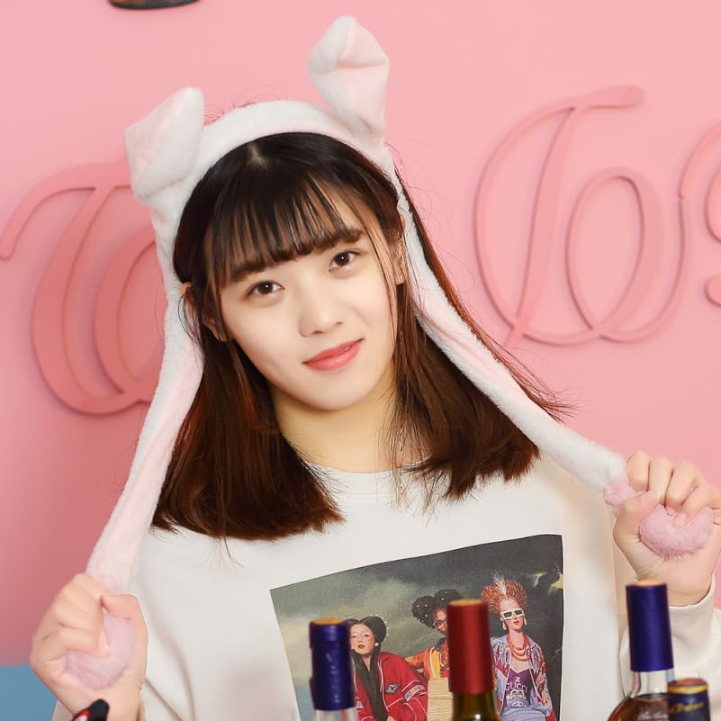 Beavorty Movable Rabbit Ears Headband for Women Plush Headband with Moving Ears Funny Headpiece for Halloween Cosplay and Parties Pink White image number 3