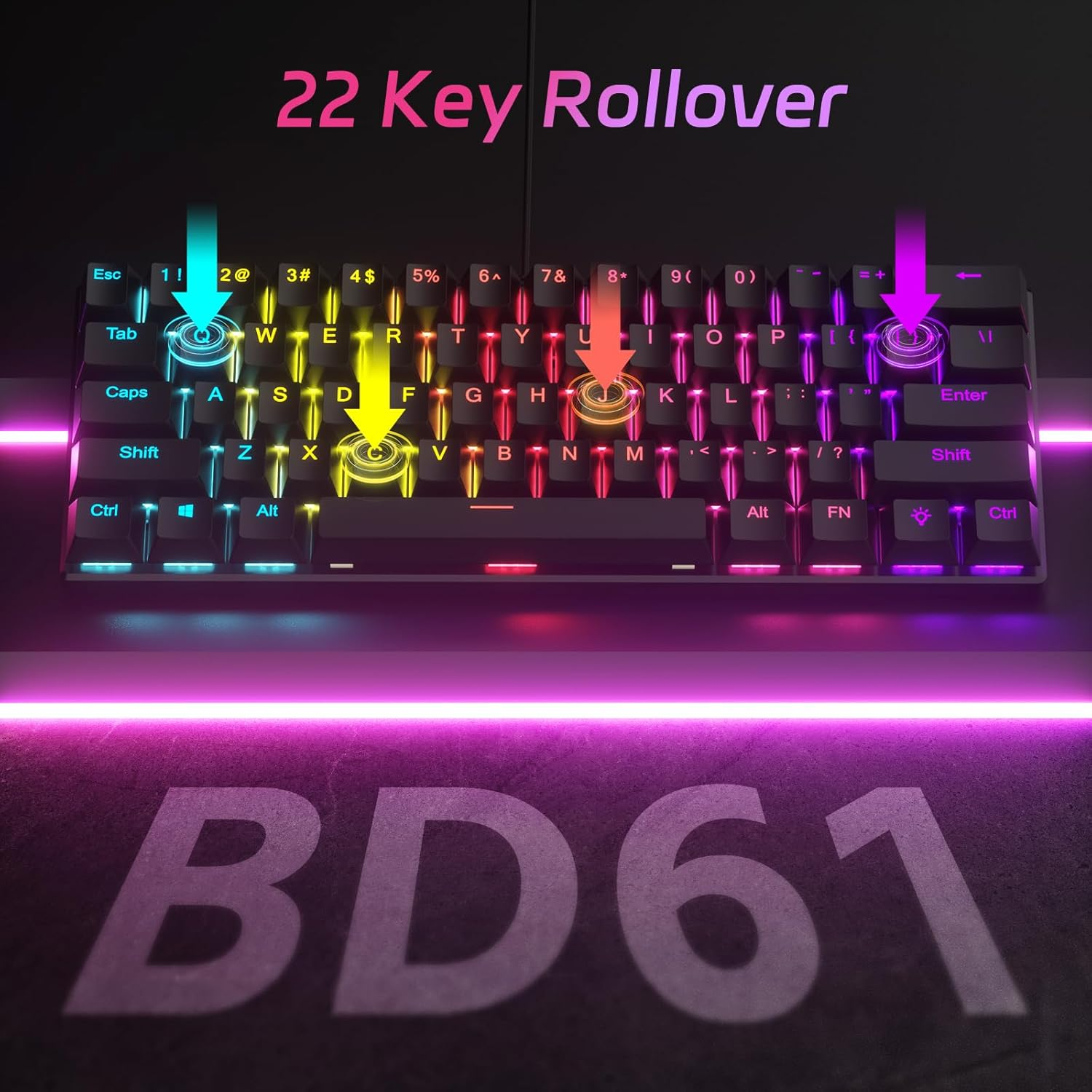 Smliekate 61-Key Mechanical Keyboard, Red Axis Compact Mini Wired Keyboard, 17 Kinds of Colorful Backlight Effect, for PC, Mac E-Sports Portable. (Black) image number 5