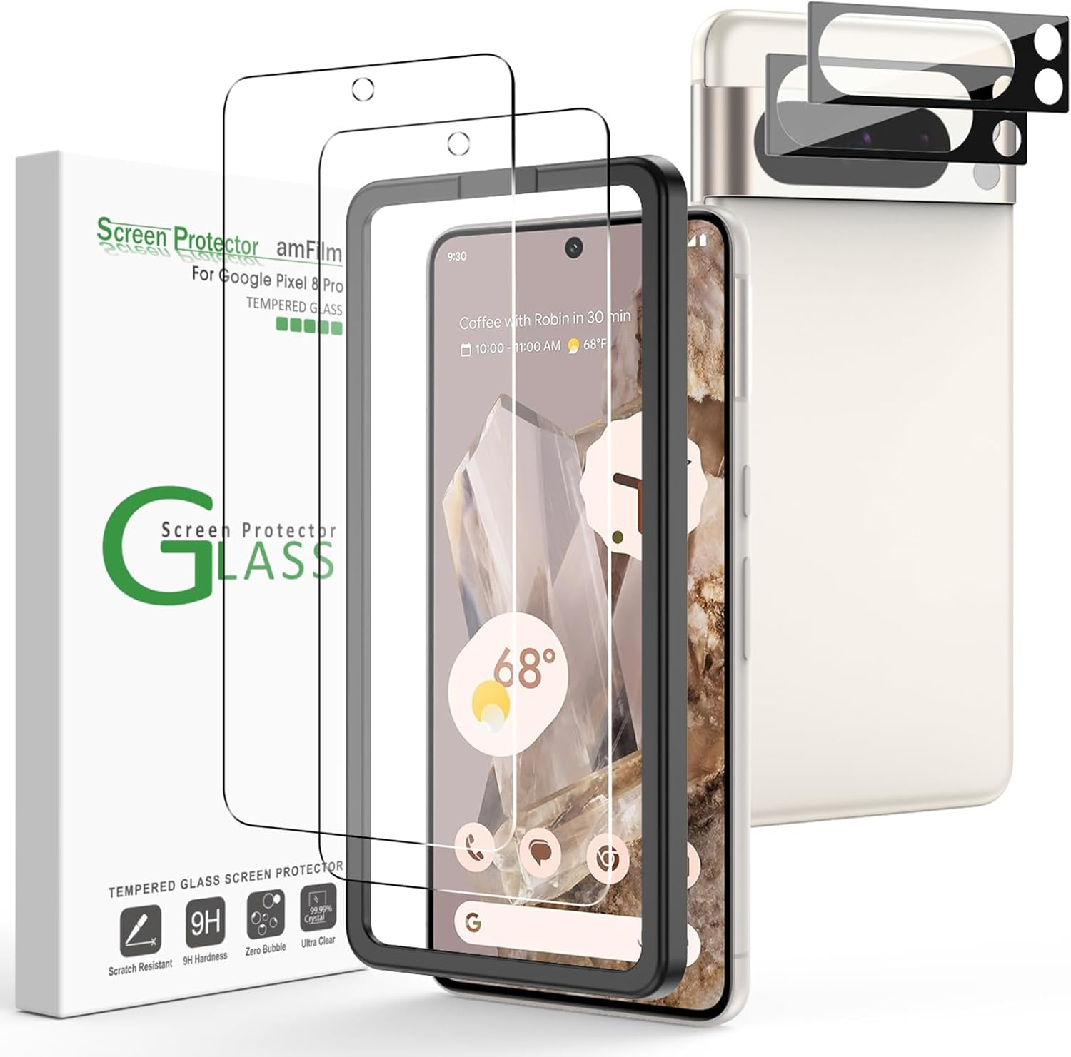 Amfilm 2+2 Pack Tempered Glass Screen Protector Guard for Google Pixel 8 Pro 6.7 Inch 2023 with Camera Lens Protector, 0.33Mm Thickness, HD Clear, Anti-Scratch, Bubbles-Free, Case Friendly image number 3