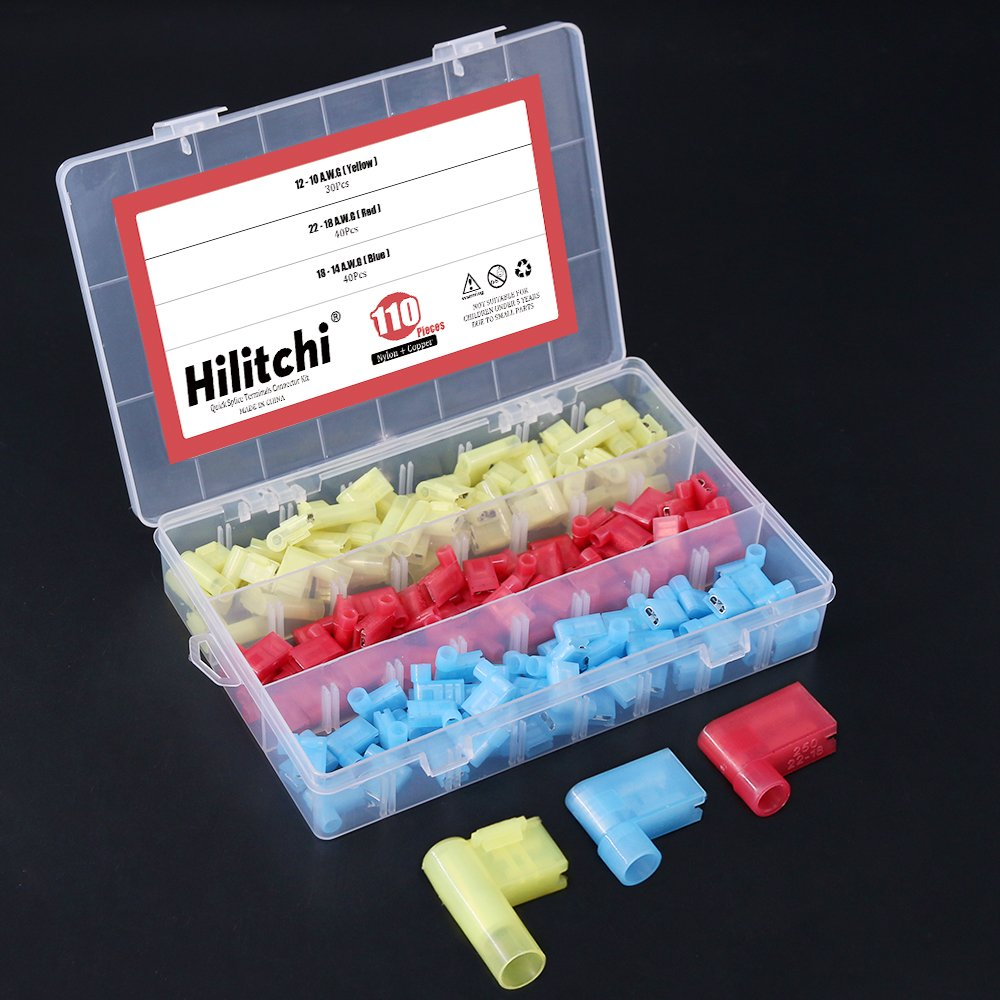 Hilitchi 110Pcs 22-18 18-14 12-10 Gauge Nylon Flag Spade Female Insulated Quick Disconnects Electrical Crimp Terminals Connector Assortment Set image number 1