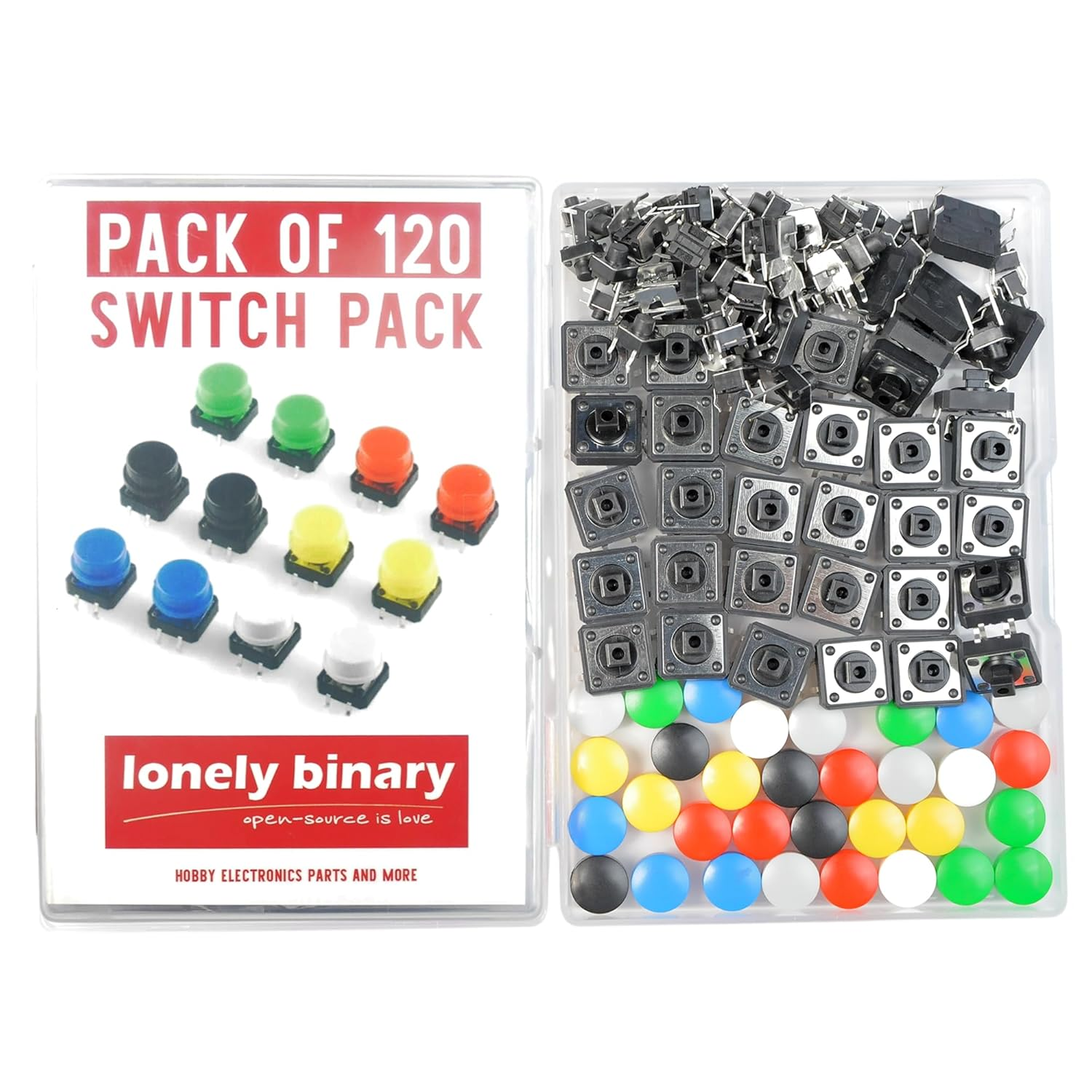 Lonely Binary 120-Piece Tactile Push Button Switch Kit &ndash; Includes 12X12Mm & 6X6Mm Switches, Color Caps, 90&deg; Angle & 2-Pin Switches &ndash; for Arduino, Raspberry Pi, ESP32 & DIY Electronics image number 3
