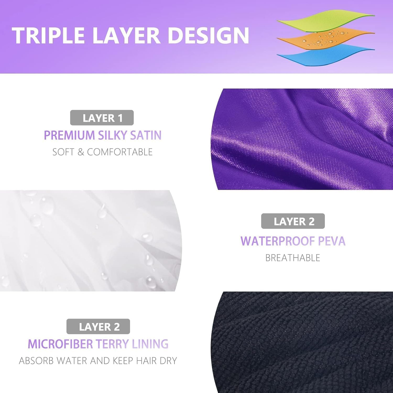 Shower Cap,Extra Large Triple Layer Bathing Cap with Dry Hair Function for Women Microfiber Cloth Waterproof Reusable Long Hair Bath Caps (Purple, One Size) image number 1