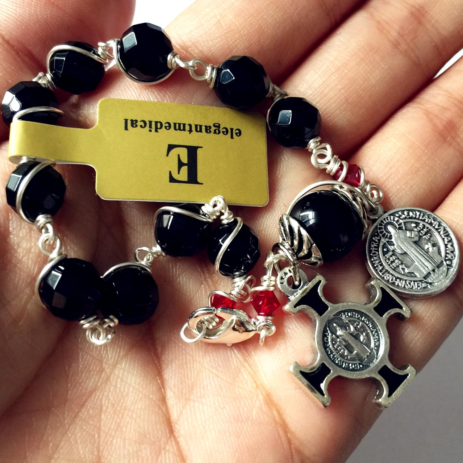 Elegantmedical HANDMADE SILVETR Wire Wrap Black Agate Prayer Beads Bracelet Rosary Cross Catholic image number 4